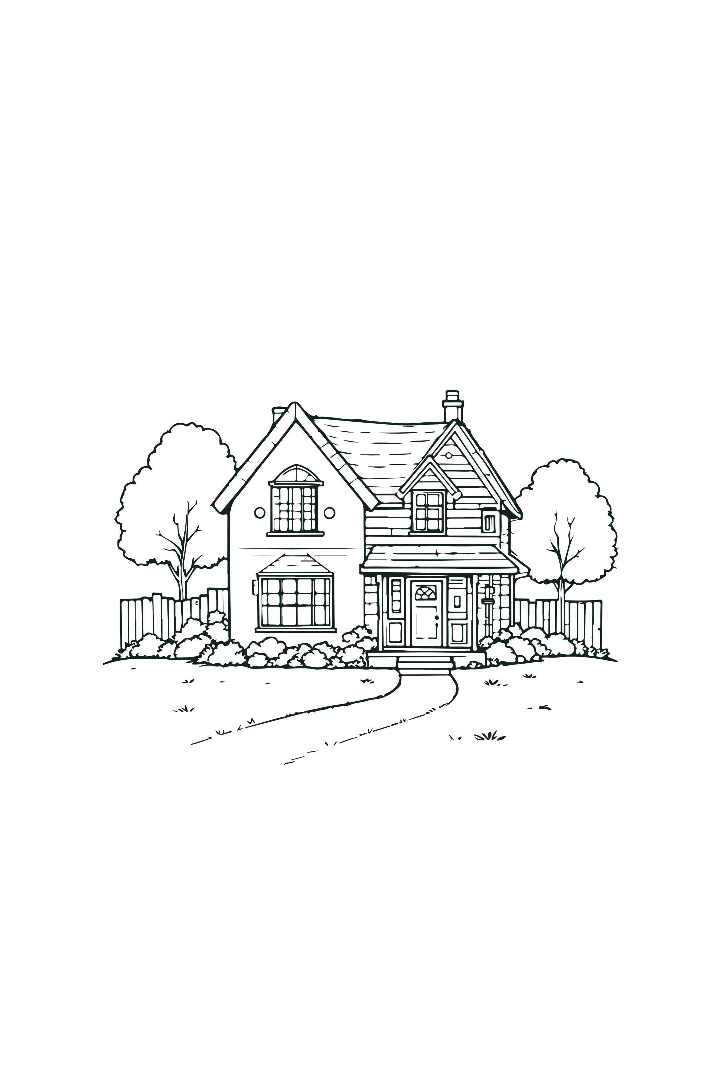 Outline drawing of a two-story house with a front porch, surrounded by trees and a garden, set against a dark background.