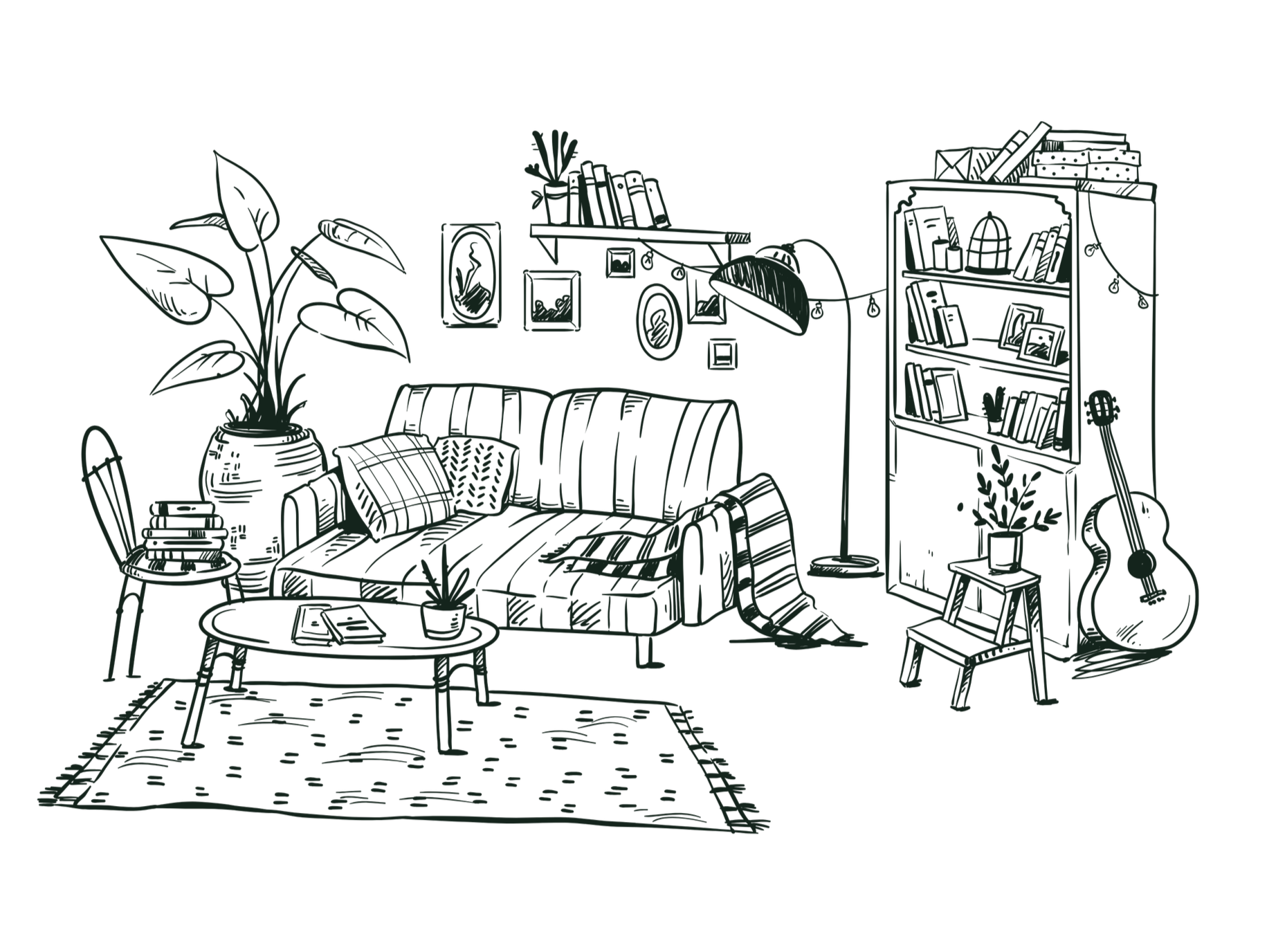 Line drawing of a cozy living room with a couch, coffee table, bookshelf, guitar, houseplants, wall art, and hanging string lights.