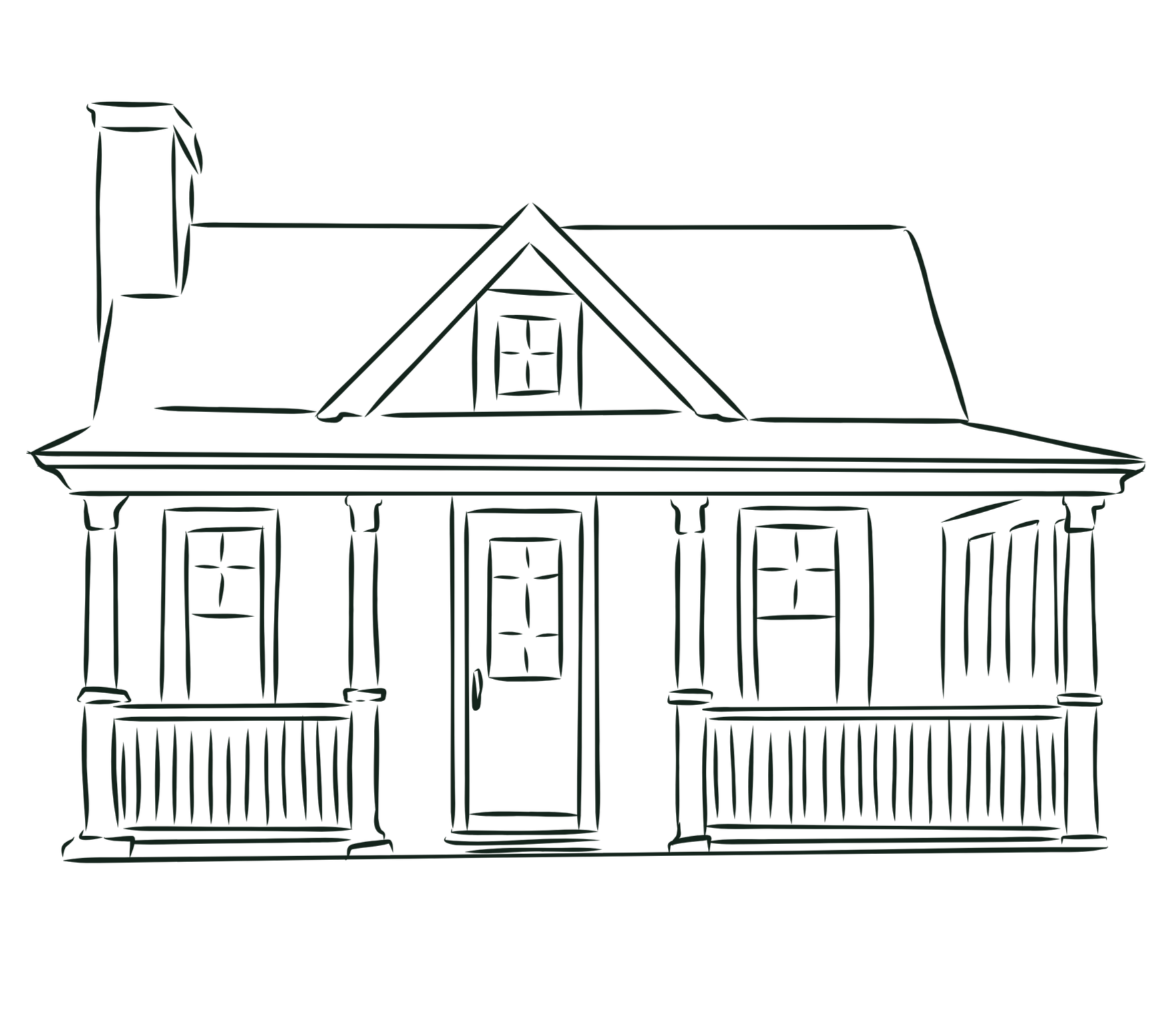 Line drawing of a large, detailed house with four columns, a triangular roof with a central window, and a chimney on the left side.