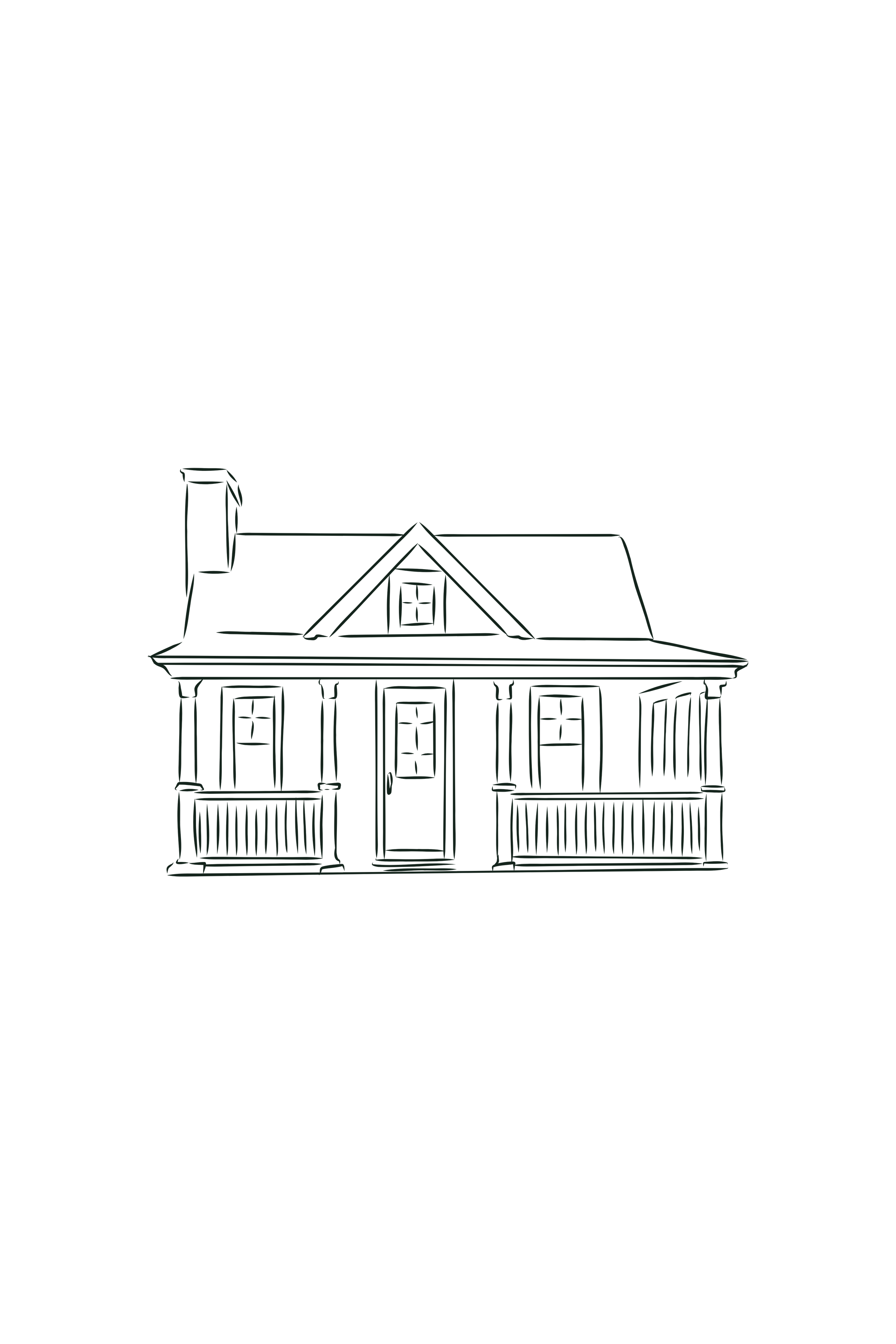 Line drawing of a house with a porch, gabled roof, chimney, and multiple windows, illustrated in black lines on a dark background.