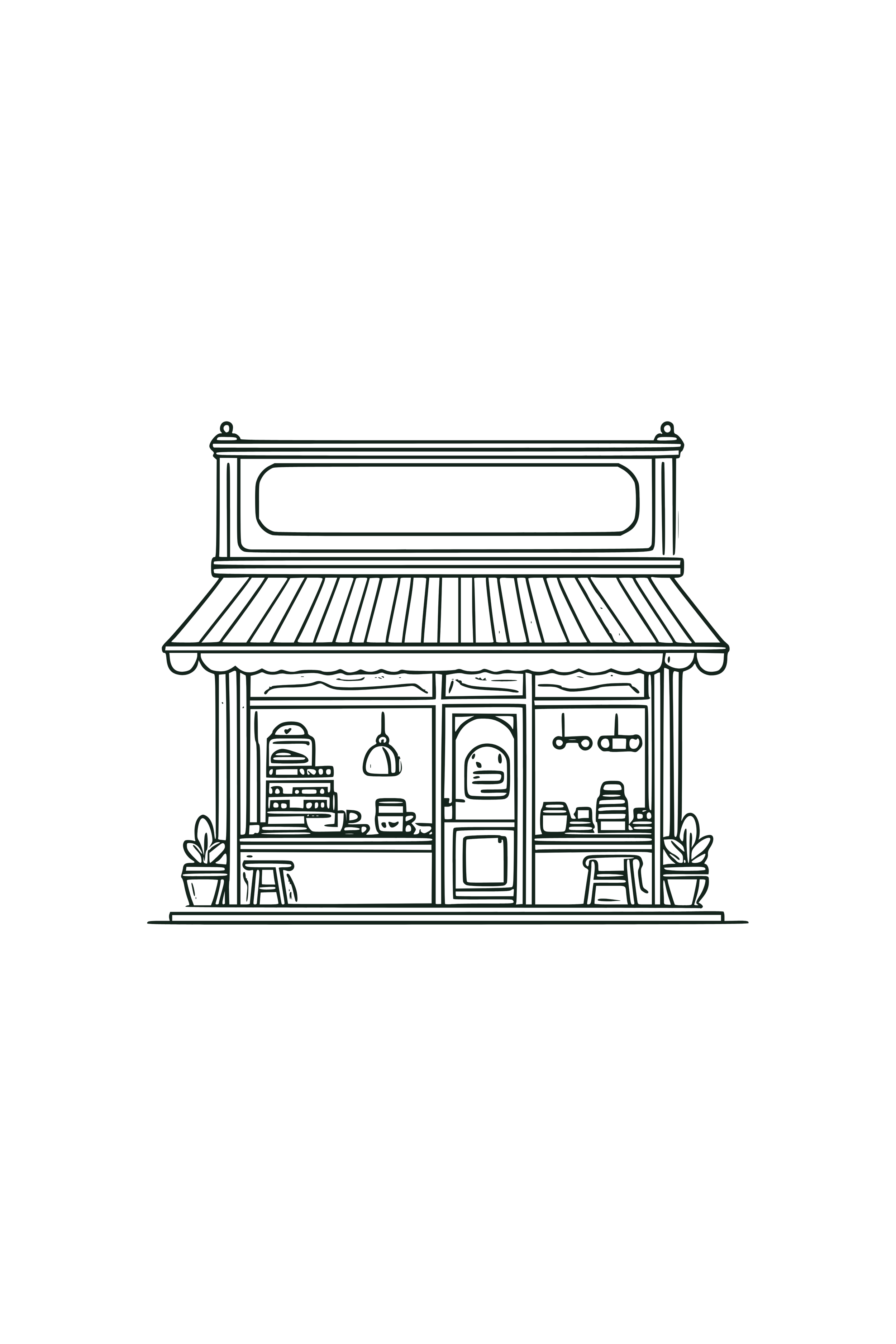 Line drawing of a small storefront with a striped awning, inside shelves with jars and baskets, two potted plants on either side, and two stools at the front.