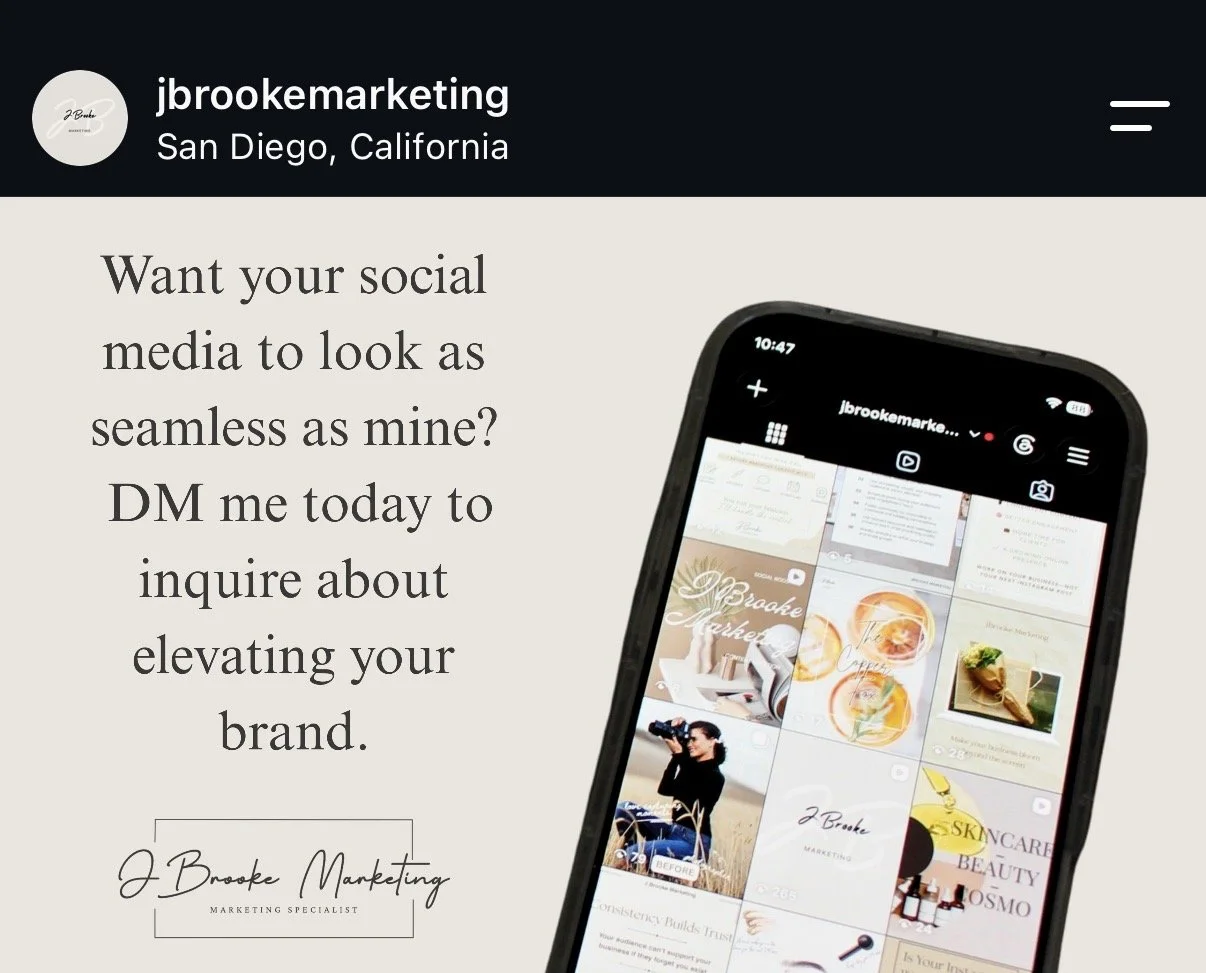 Social media marketing agency promoting brand elevation services in San Diego, California, with a smartphone showing a grid of social media posts.