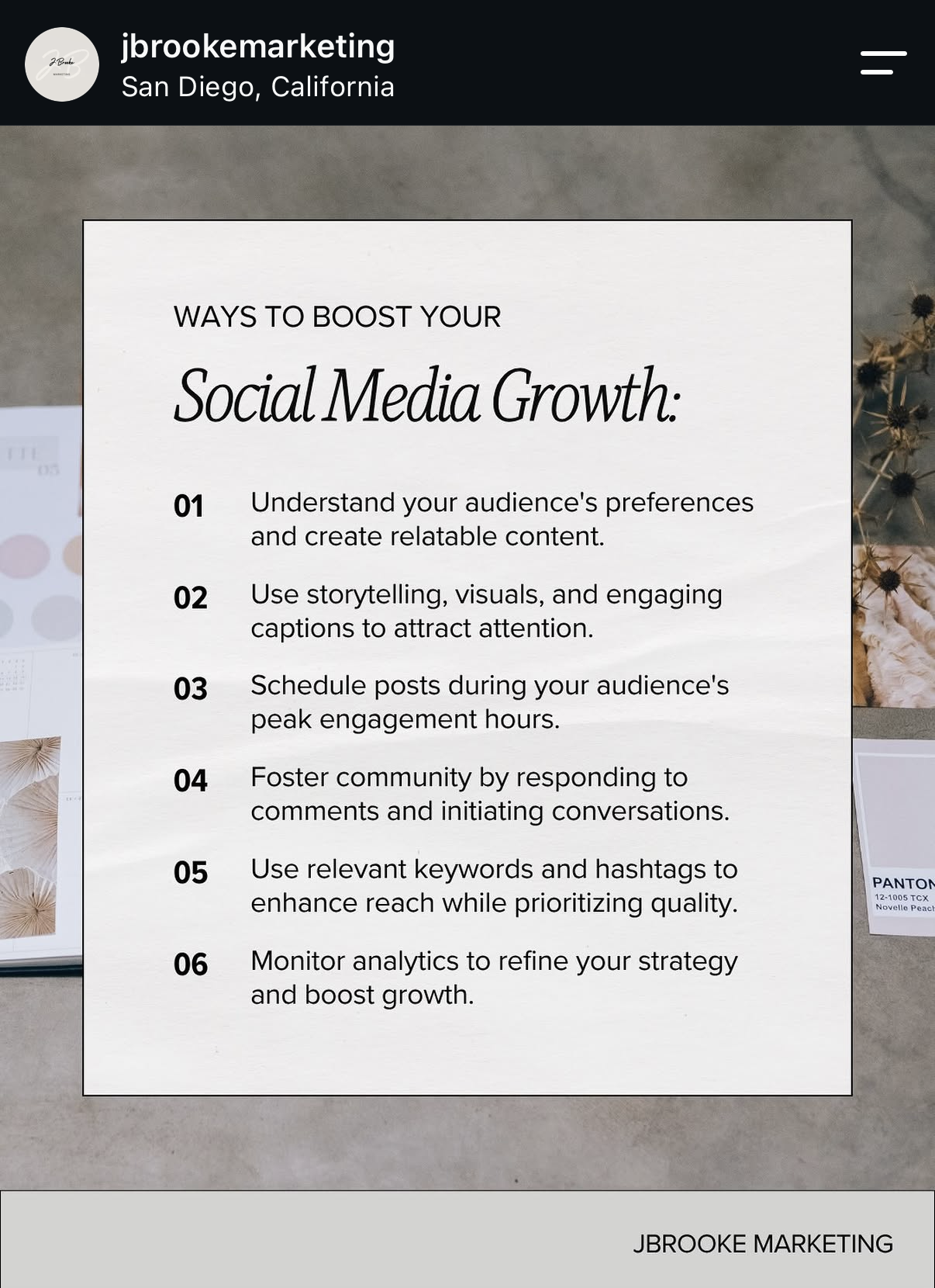 A social media marketing tip sheet with advice on boosting growth, including understanding the audience, storytelling, scheduling posts, engaging with comments, using keywords, and monitoring analytics.