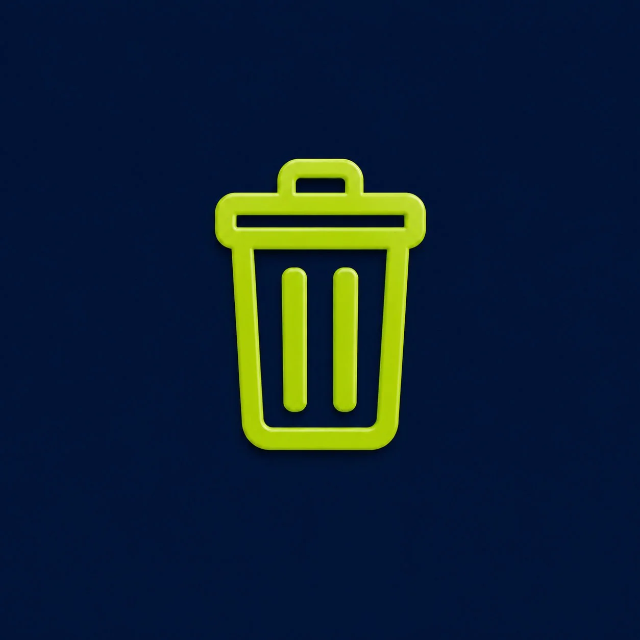 Neon green trash can icon on a dark blue background.