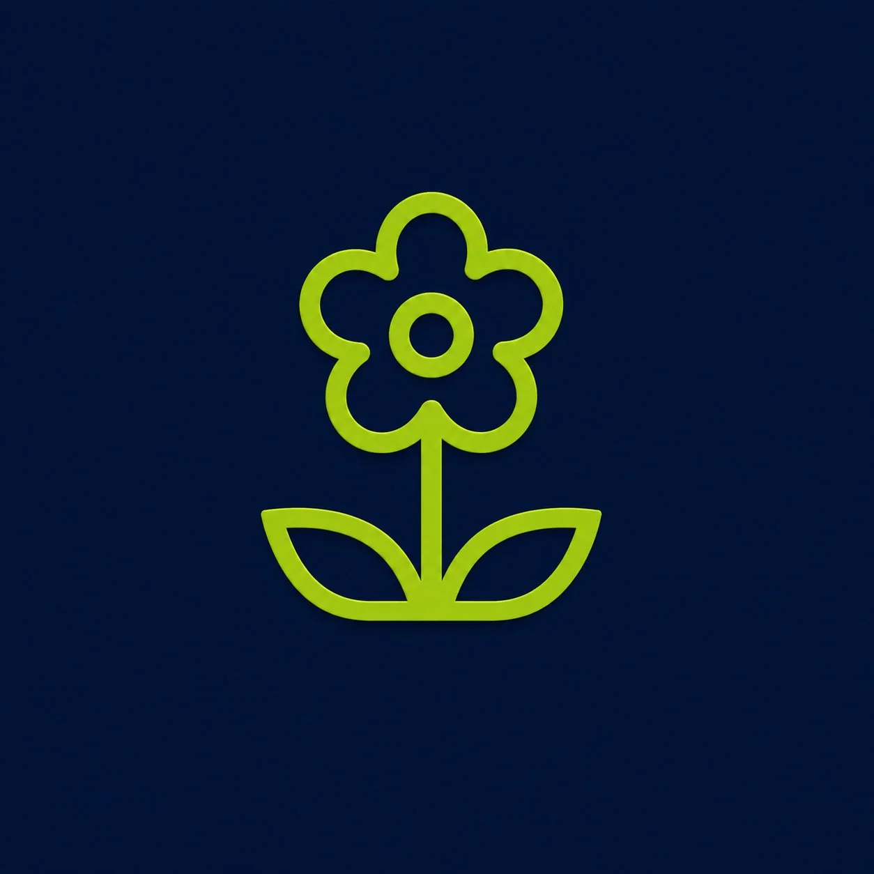 A simple neon sign of a flower with a circle in the center, four petal outlines, a stem, and two leaves against a dark background.