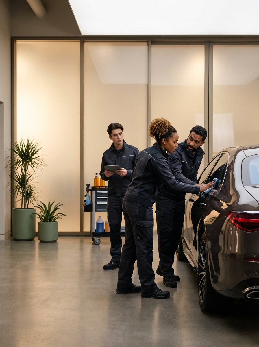 Three automotive technicians working on a black car inside a modern garage. Two are inspecting the car, one with a tablet, while the third observes.