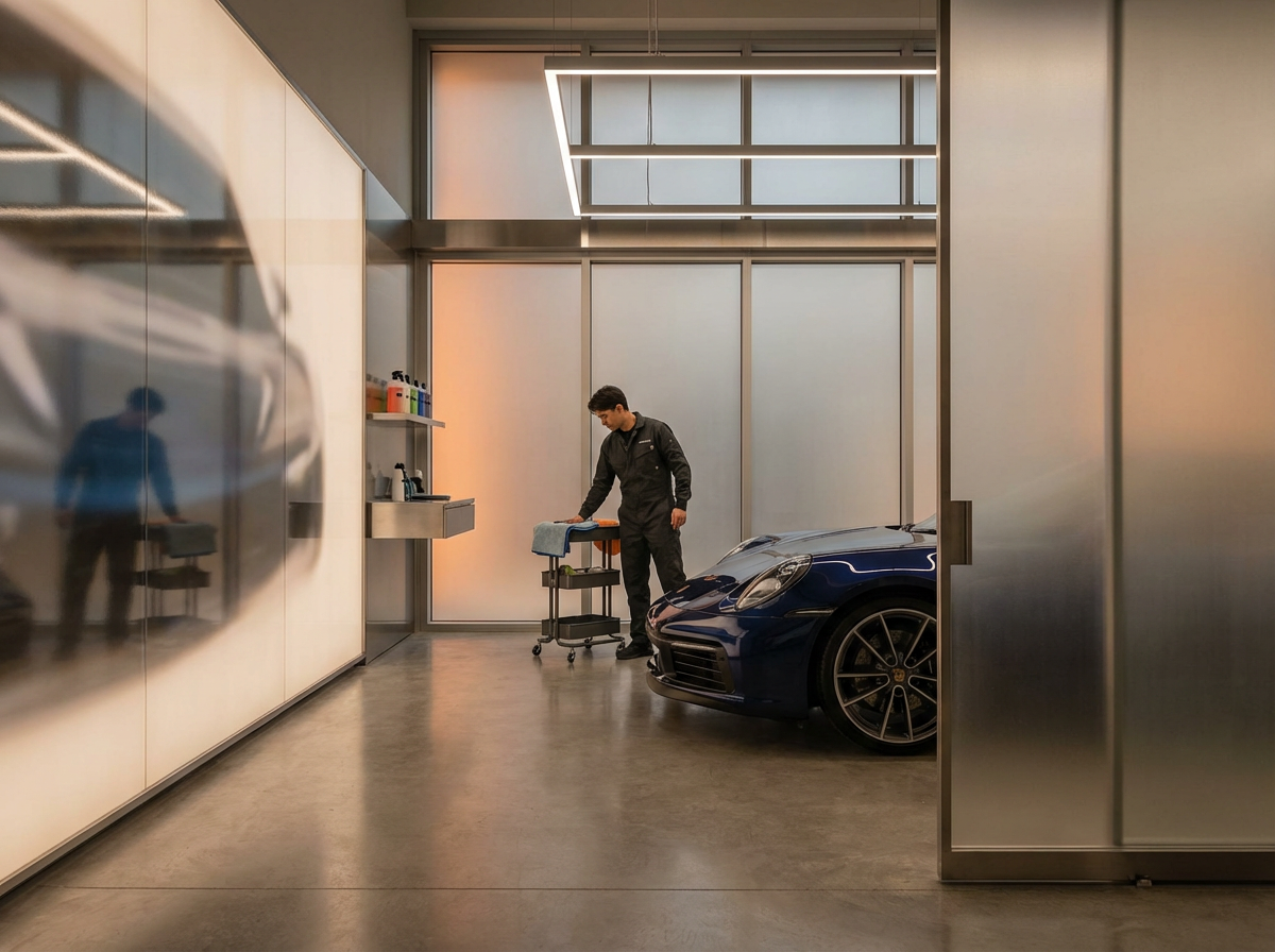 A mechanic cleaning a towel on a cart inside a modern garage with a blue sports car parked nearby.