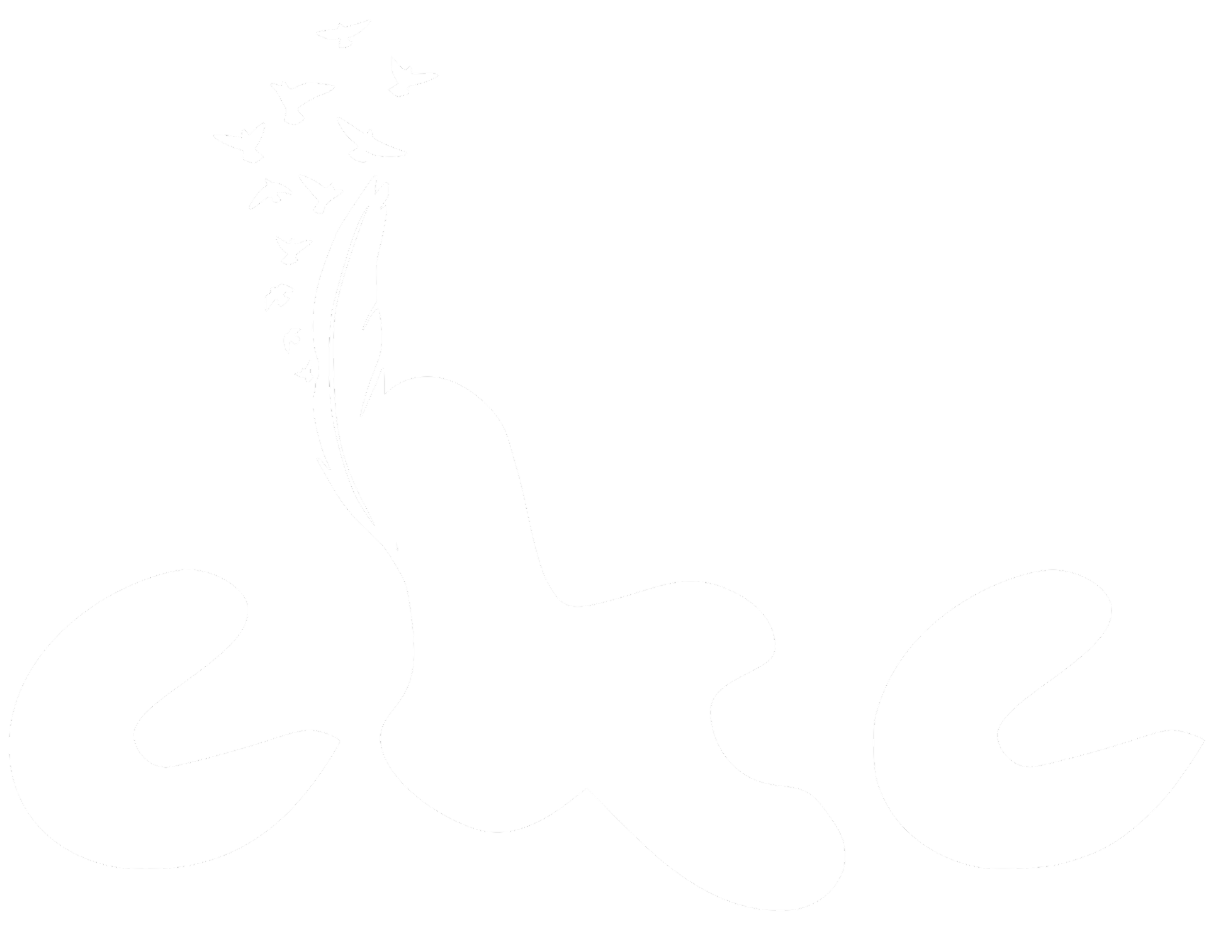 Black and white silhouette of a hand with fingers spread apart, with small birds flying out of the hand's palm.