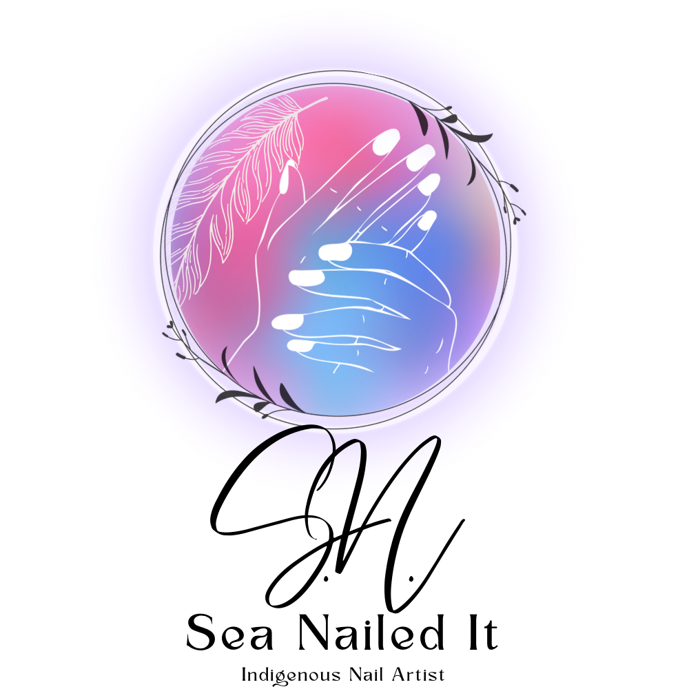 Neon sign featuring a hand with painted nails, surrounded by feathers and floral elements, with a pink and purple gradient background.