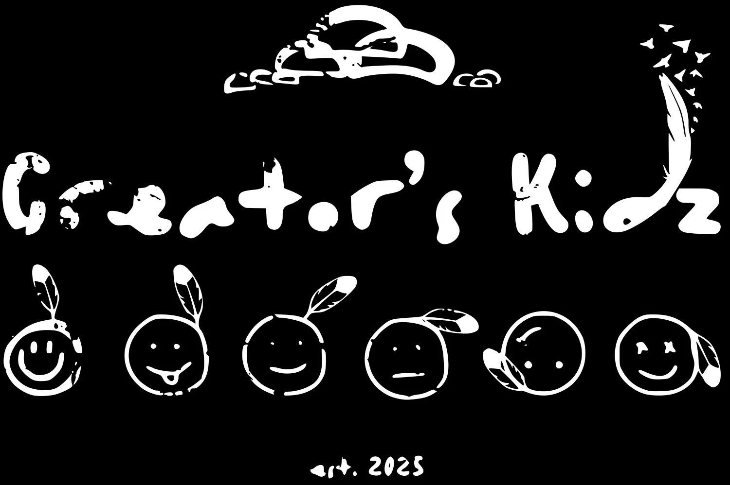 Black background with white, hand-drawn style text and illustrations. The upper part shows a stylized skull sketch. Below, the text reads 'Gastro's Kids' in a playful, irregular font. Underneath, there are six smiley face icons with leaf-like shapes on top of their heads, each with different facial expressions, and the last face is smiling. At the bottom, it says 'art. 2025'.