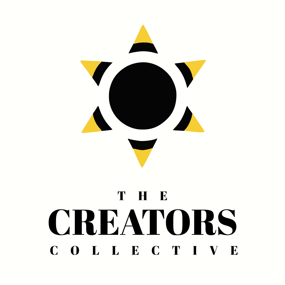 Logo for The Creators Collective featuring a black circle at the center, surrounded by six yellow and black stylized rays, with the words "The Creators Collective" below in black text.