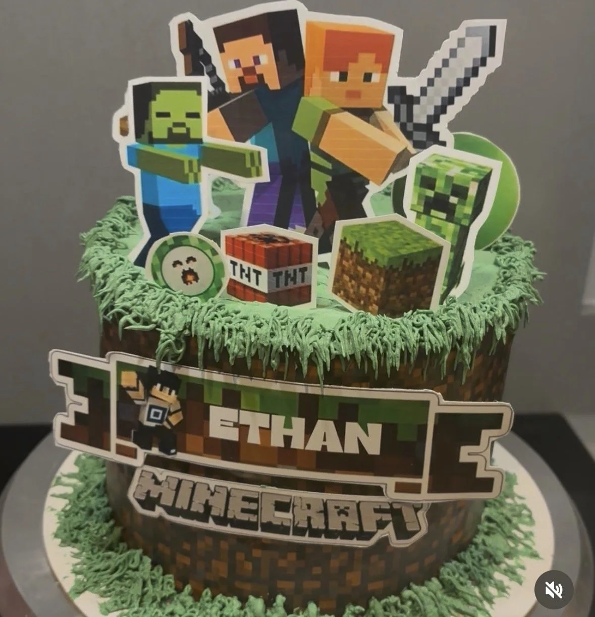 Minecraft-themed birthday cake decorated with pixel art characters and items from the game, including Alex, Steve, zombies, a sword, TNT, a Creeper, and grass blocks, with a “More Than MineCraft” banner.