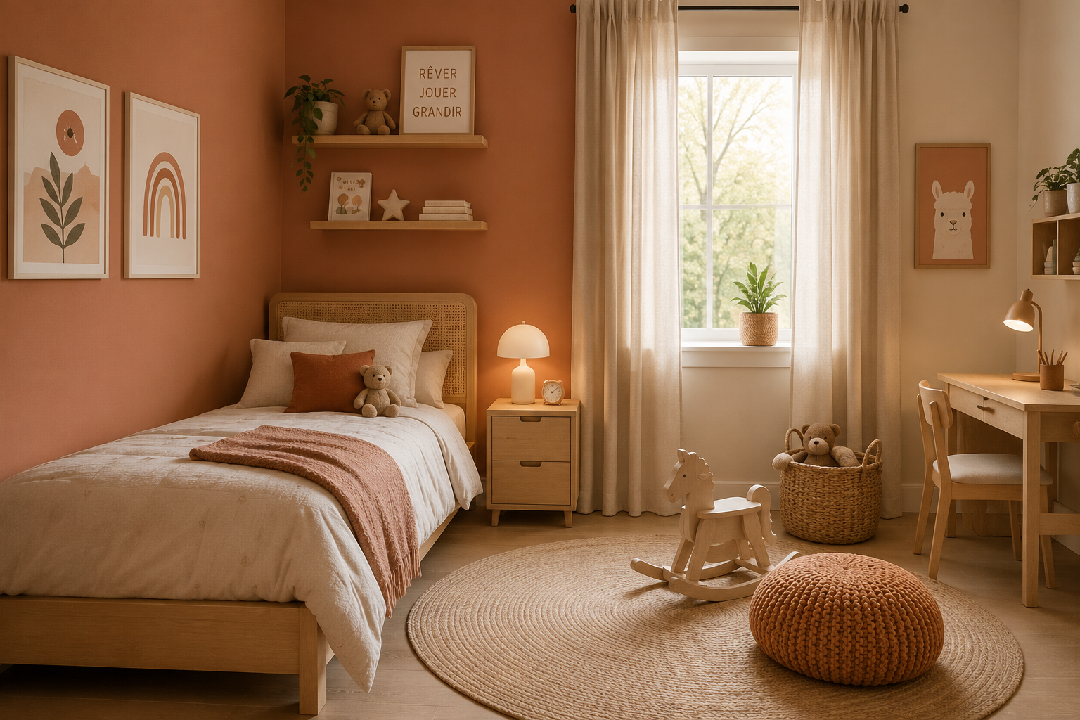 Chambre d'enfant avec un lit simple, une table de chevet avec lampe, et décoration douce avec des illustrations, une plante, un tableau avec un lama, une peluche, un tapis rond, une petite chaise, un pouf rond en tricot et une fenêtre avec rideaux beige laissant entrer la lumière naturelle.
