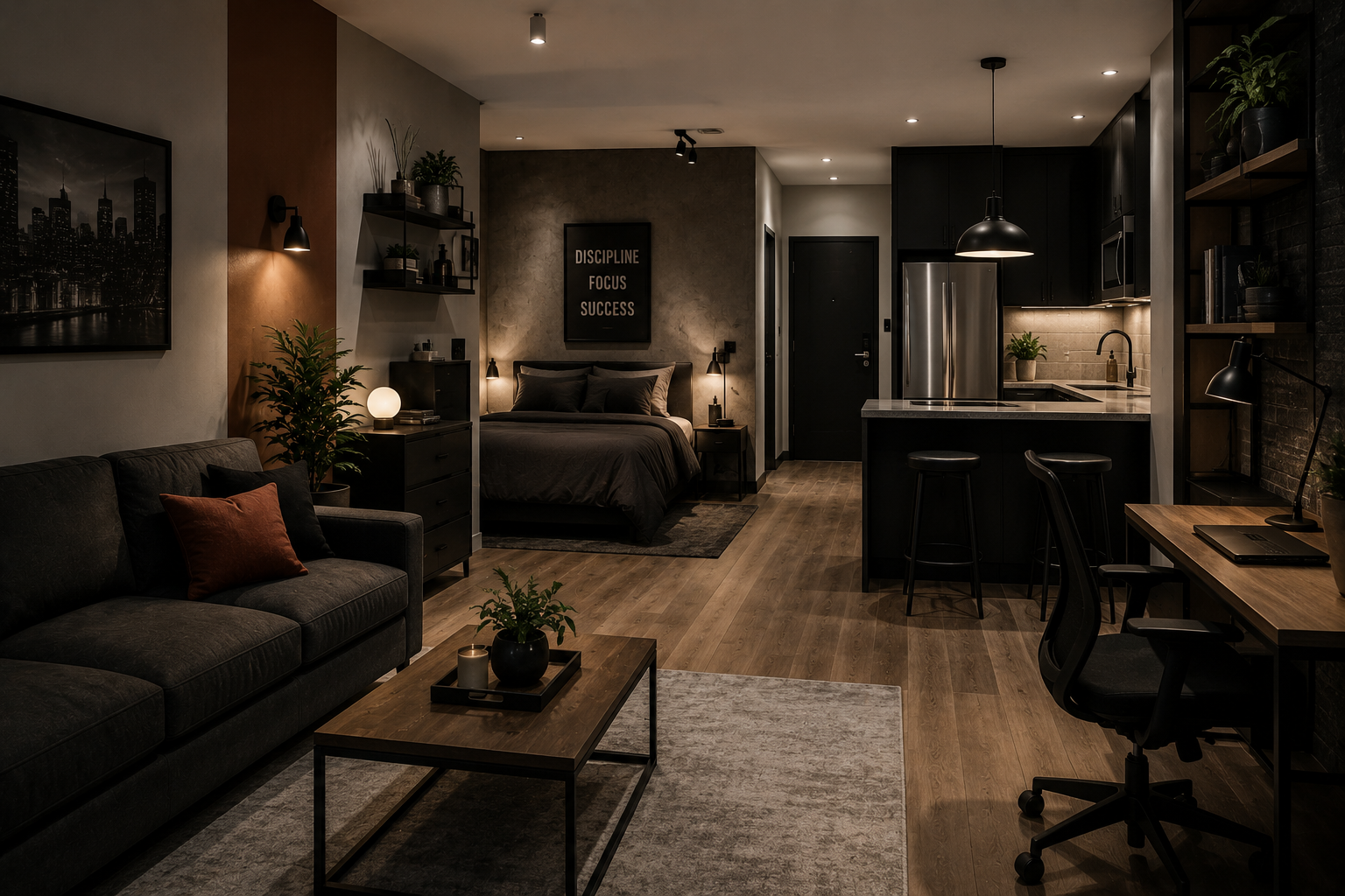 Un appartement moderne et cosy avec un salon, une chambre, une cuisine, un espace de travail et une décoration chaleureuse avec des plantes et des lumières tamisées.