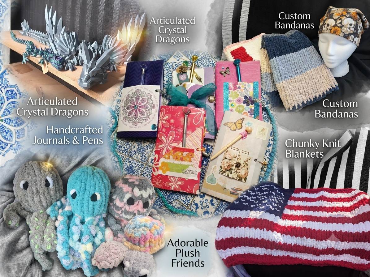 Collection of handcrafted items including articulated crystal dragons, journals and pens, customizable bandanas, chunky knit blankets, adorable plush friends, and a striped knitted hat.