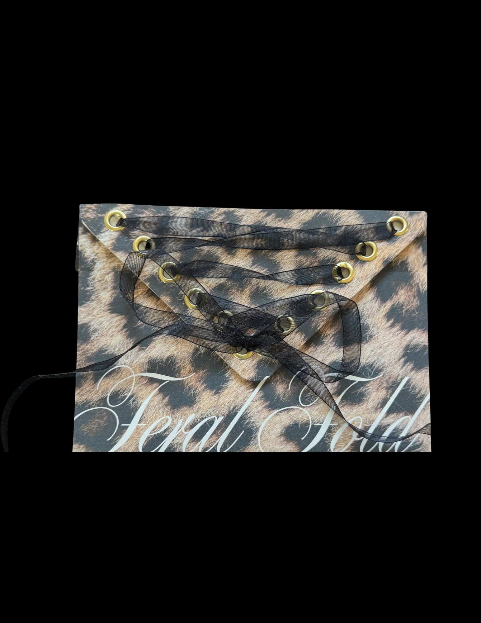 Black sheer ribbon with gold eyelets laid on a paper with cursive writing, the paper has a feathery, fur-like pattern in the background.