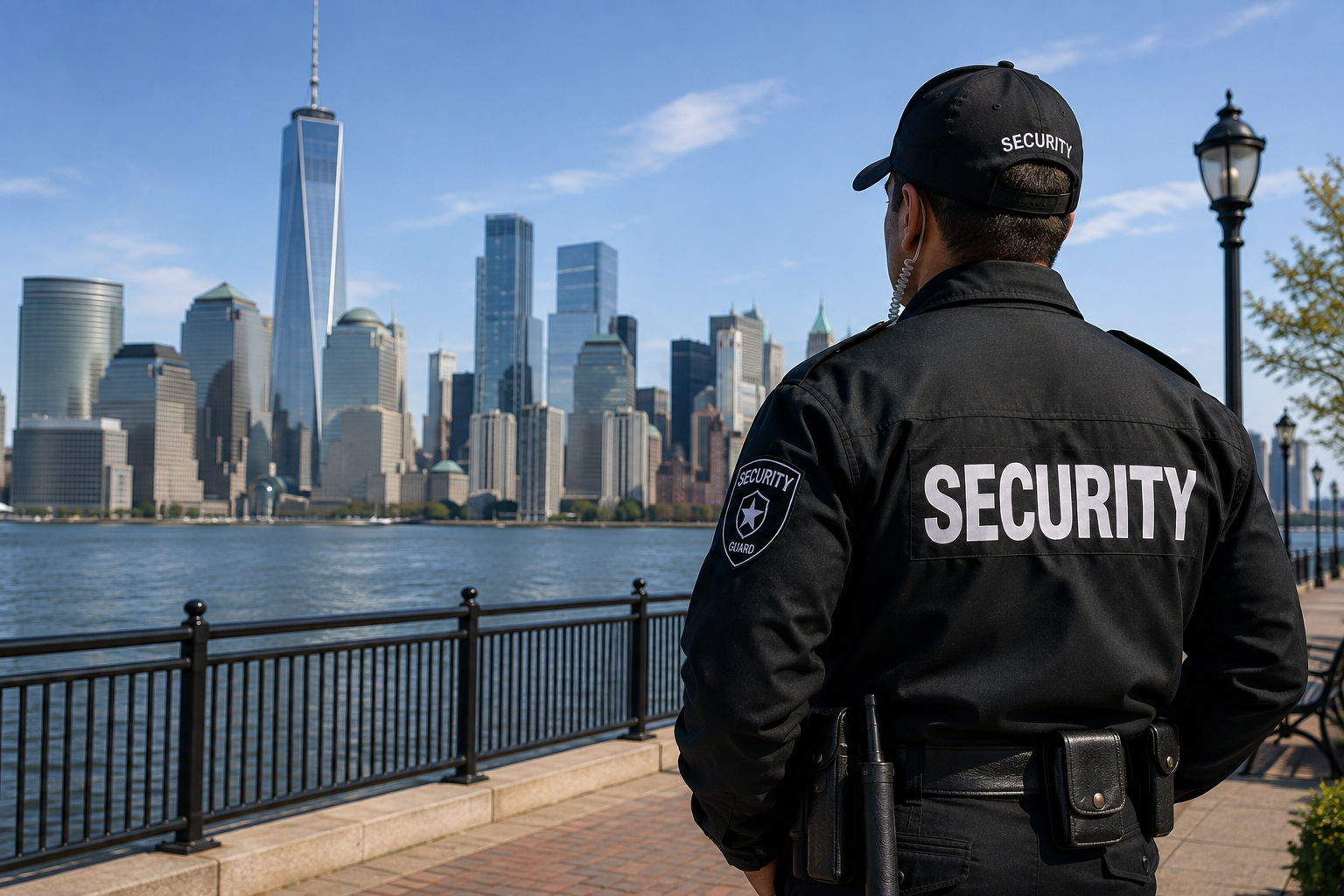 Security guard standing by the waterfront with a city skyline, including the One World Trade Center, in the background.