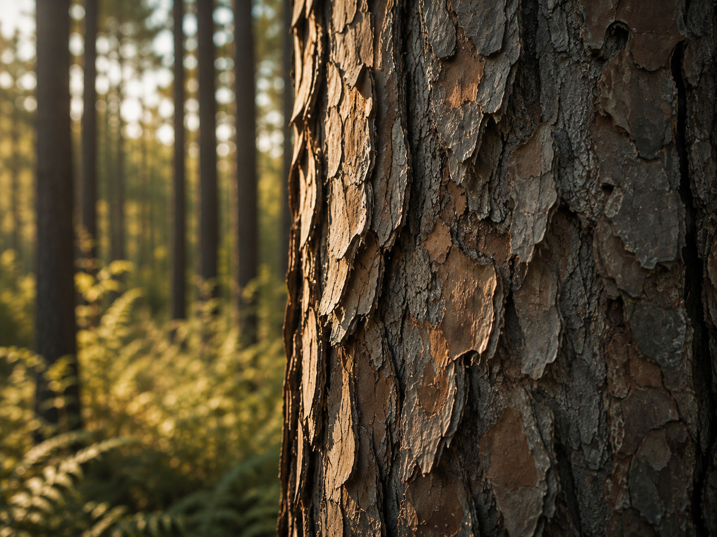Close-up of a tree trunk with textured, rough bark in a forest during sunset.