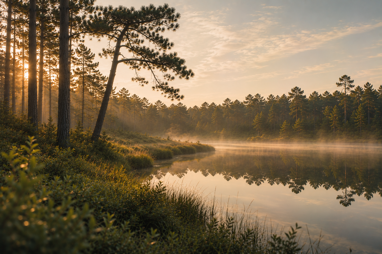 Sunrise over a calm river surrounded by pine trees and morning mist