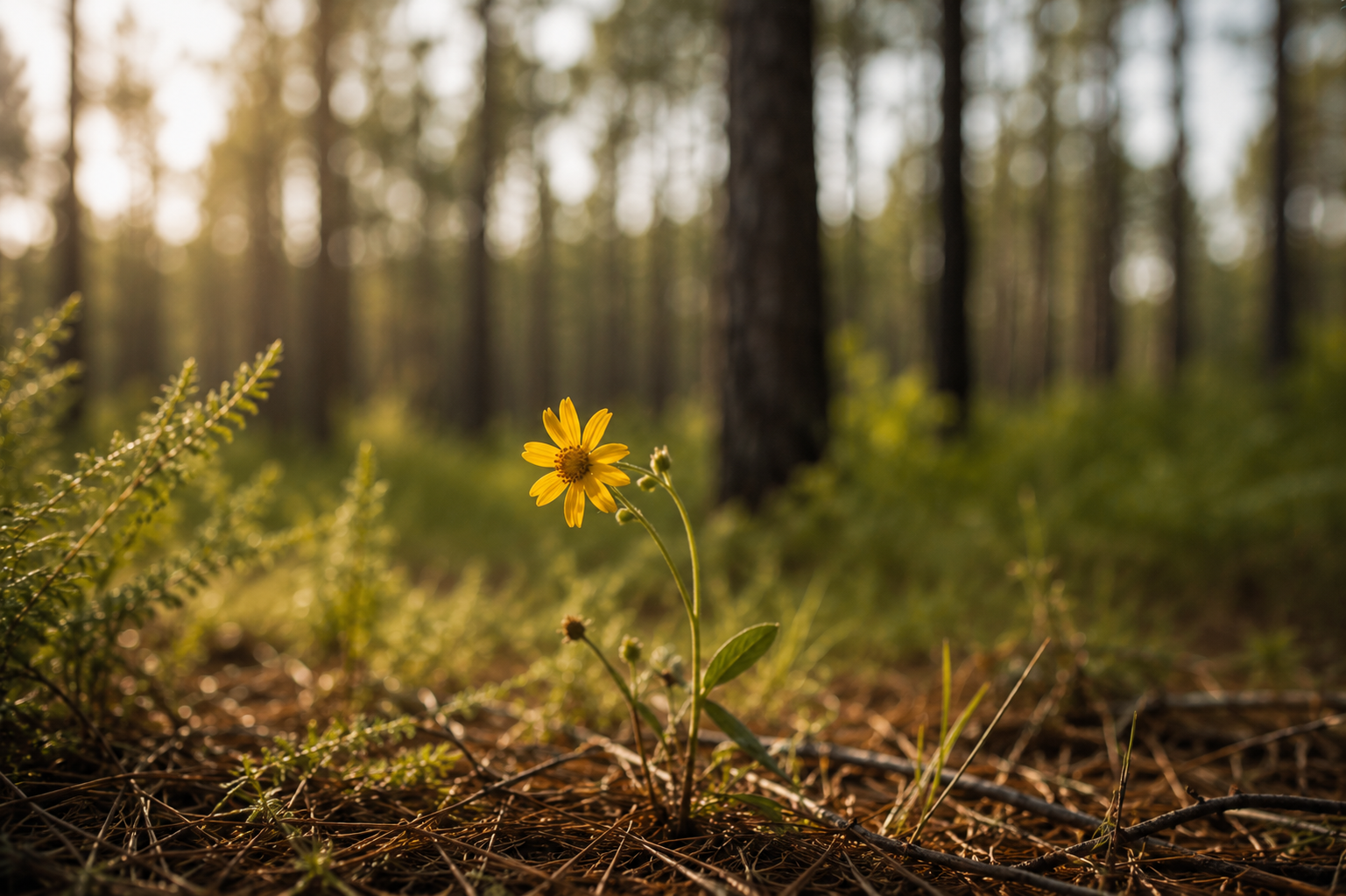 A yellow wildflower growing on a forest floor with pine needles and green plants, with blurred trees in the background.