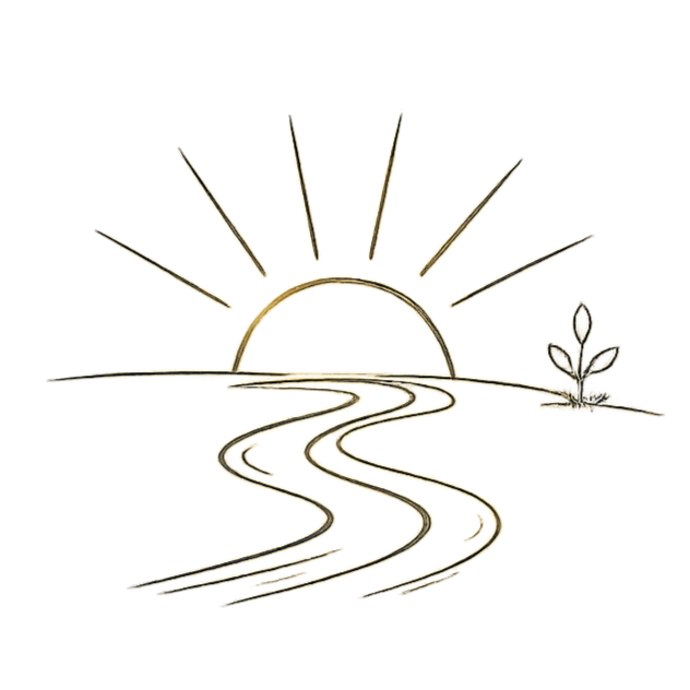 Sunset or sunrise over a winding river with a small plant on the right side in the Ceva Wellness Brand style.