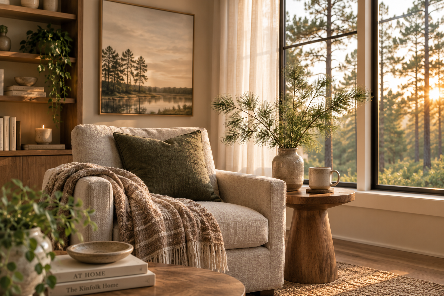 Warm, light-filled living room with greenery and a wooded view.