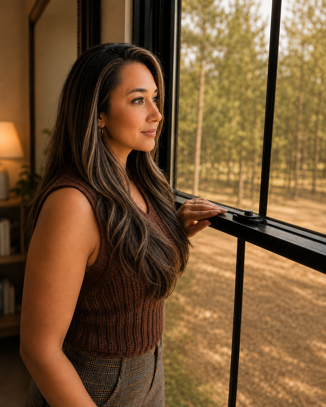 Sarah Ceva looking out a window toward a wooded landscape.