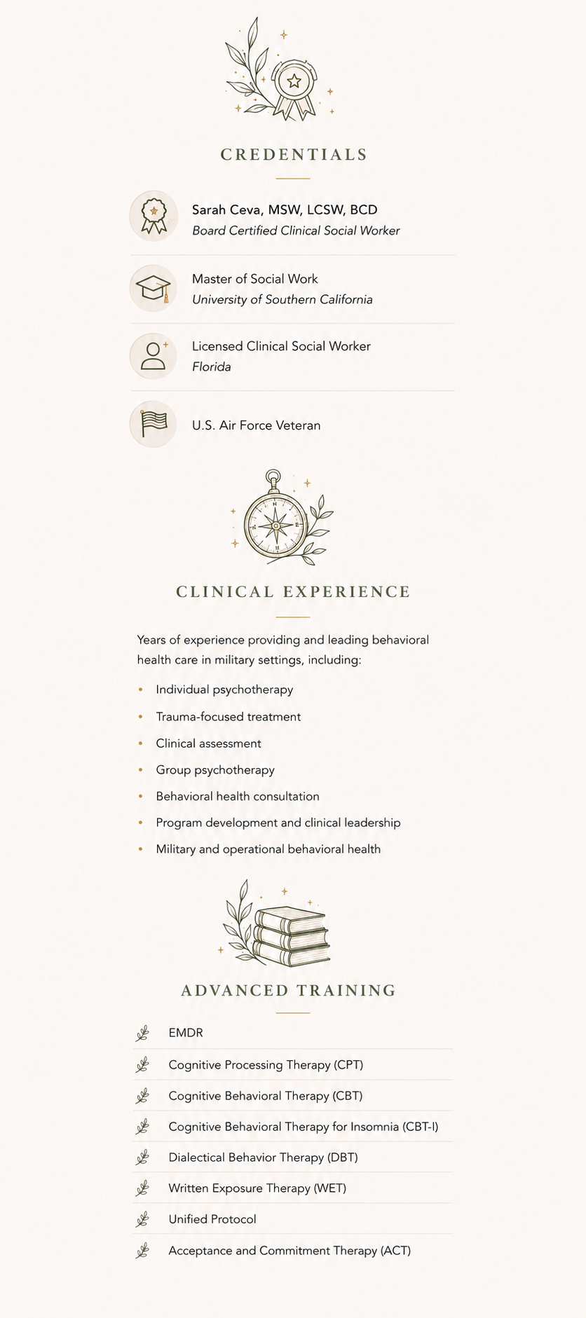 Sarah Ceva's professional credentials, clinical experience, and advanced training.