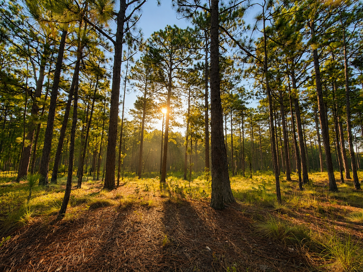 Sunlight filtering through a tall pine forest.