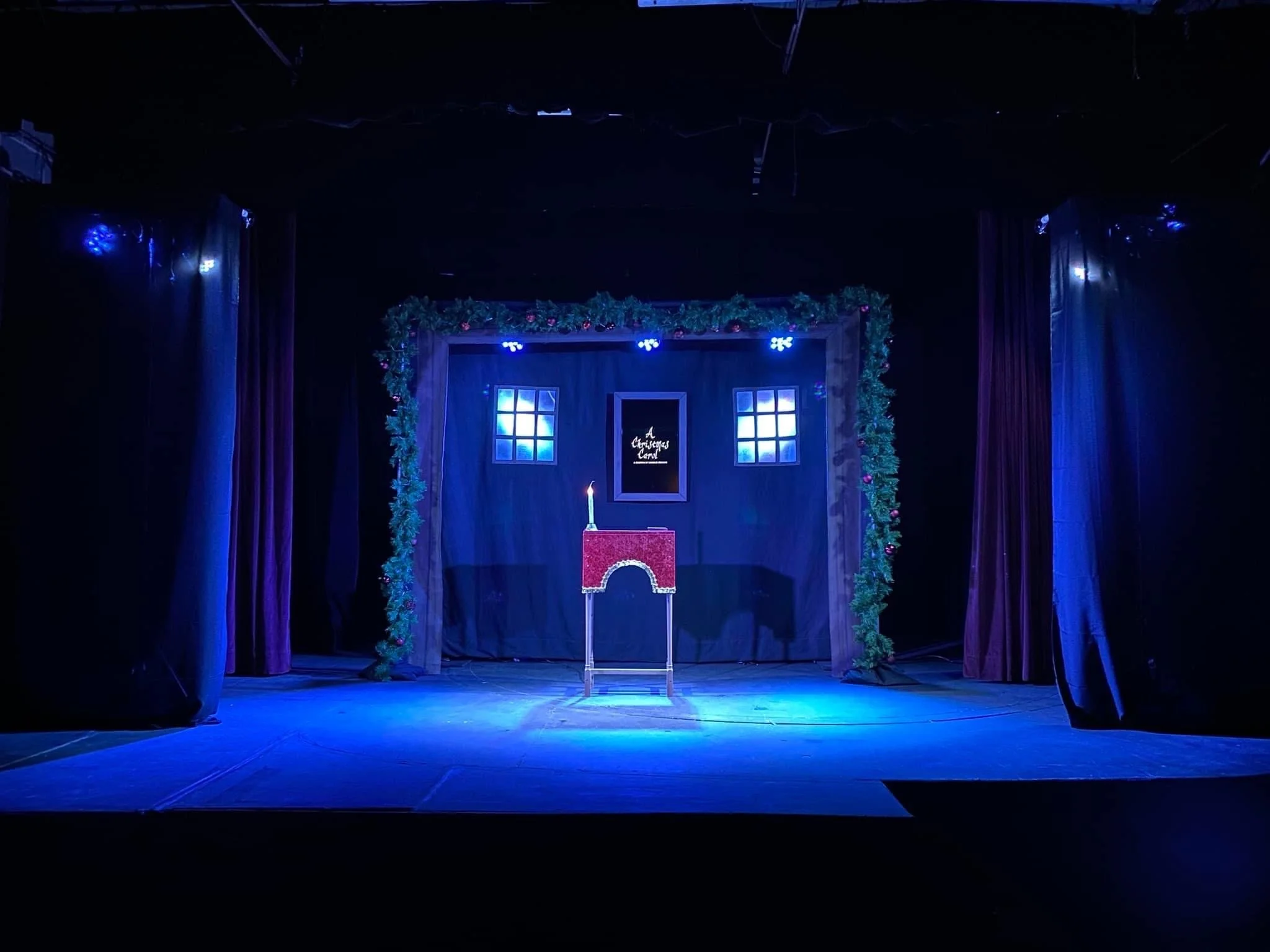 Preshow Set for 2021 Touring Production
"A Christmas Carol - A Reading by Charles Dickens" 
Stage Door Unlocked Productions
Directed & Designed By Nate Plummer