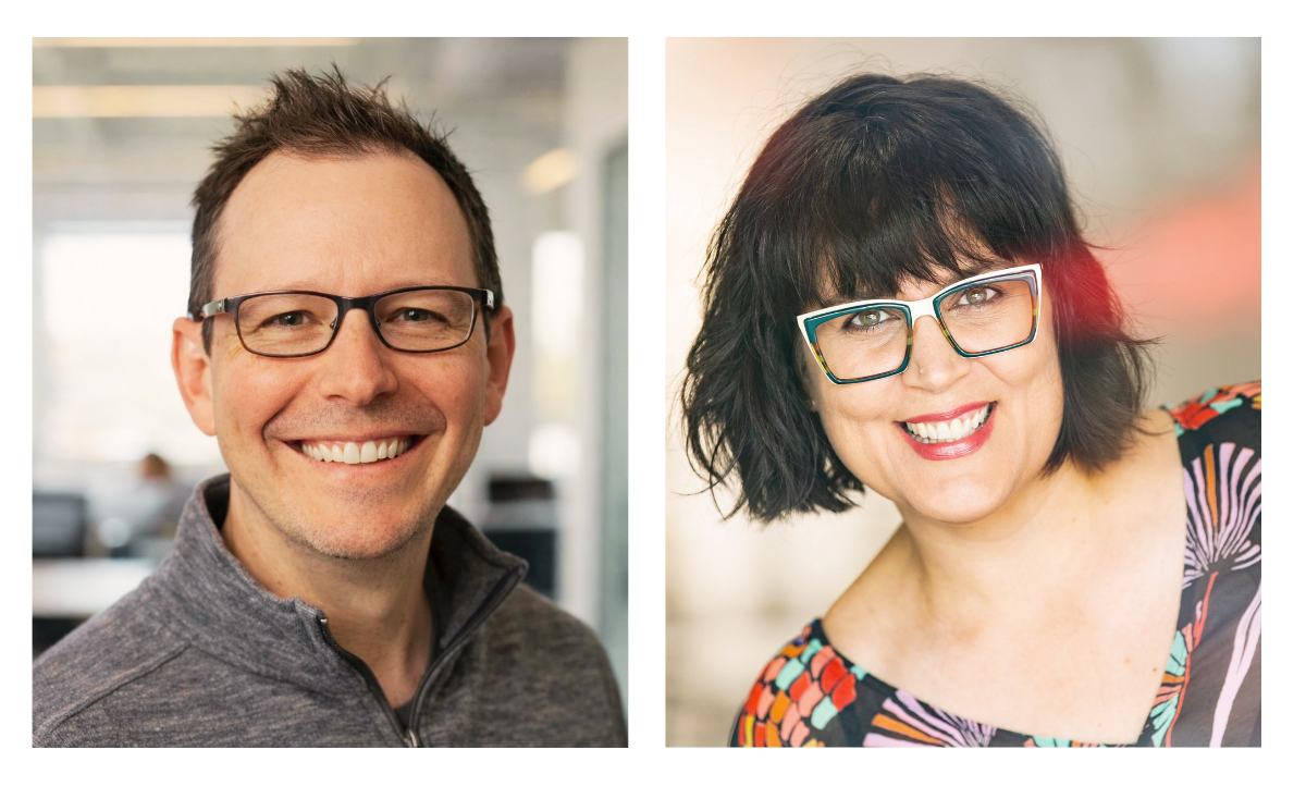 headshot of man and woman smiling at the camera while both are wearing glasses