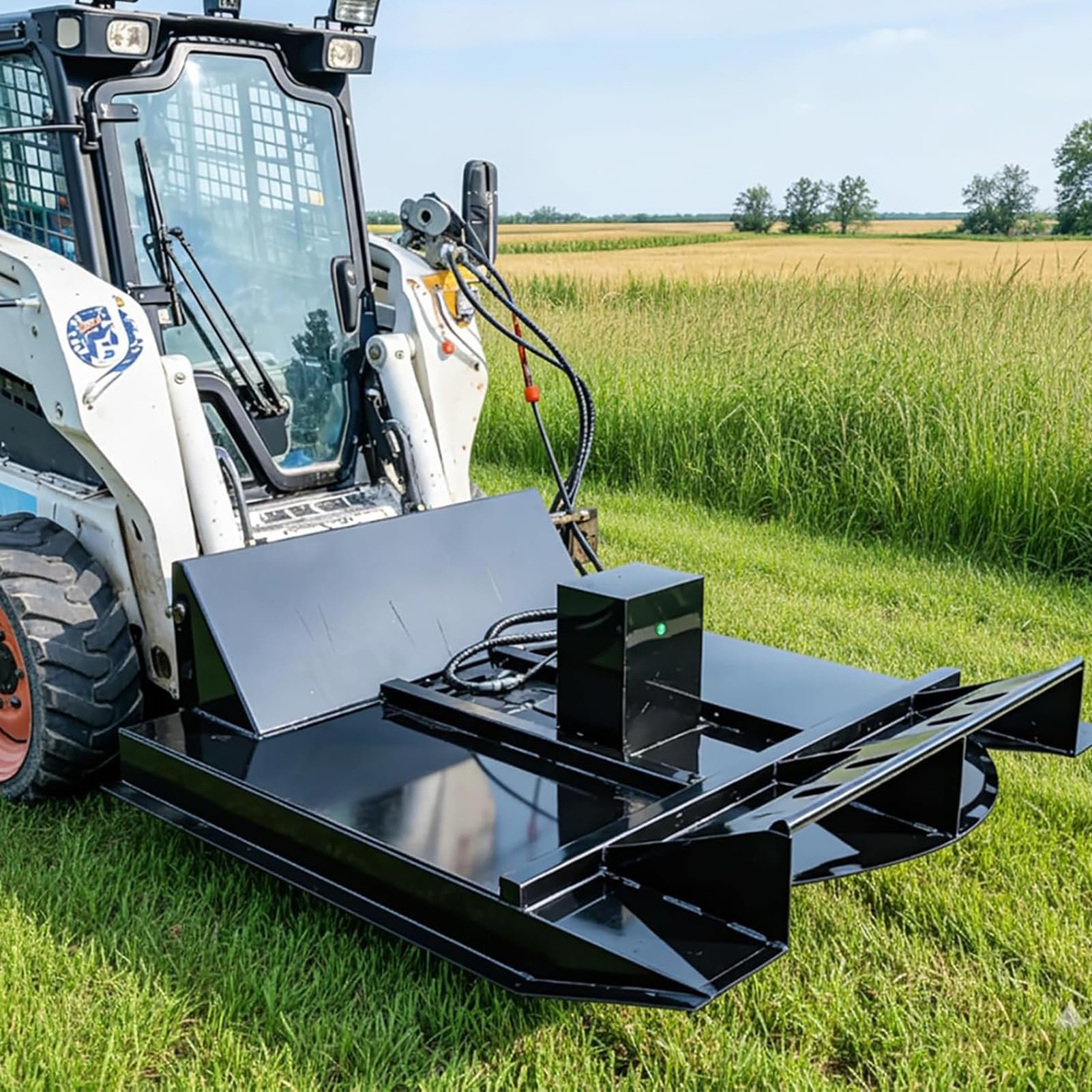 A large black and white agricultural robot or drone with a sleek design, situated on a grassy field near a tractor. The robot has a glossy black surface in front with various electronic components and cables, and a circular metallic part. In the background, there are fields and trees under a clear blue sky.