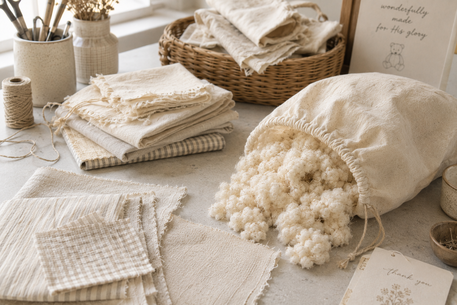 Love, Lizah | Display of fabric swatches, a basket of fabric scraps, a pillow filled with cotton, and decorative items on a table. Handmade teddy bears