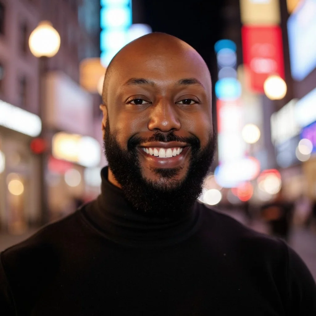 Smiling man with a beard and bald head wearing a black turtleneck, illuminated city street at night in the background.