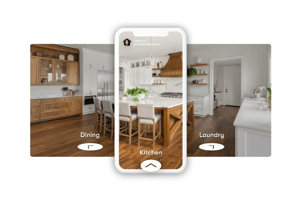Digital illustration of a smartphone displaying a modern kitchen with a large island, dark wood cabinetry, white walls, and visible open shelves, with options to view different rooms like Dining and Laundry.