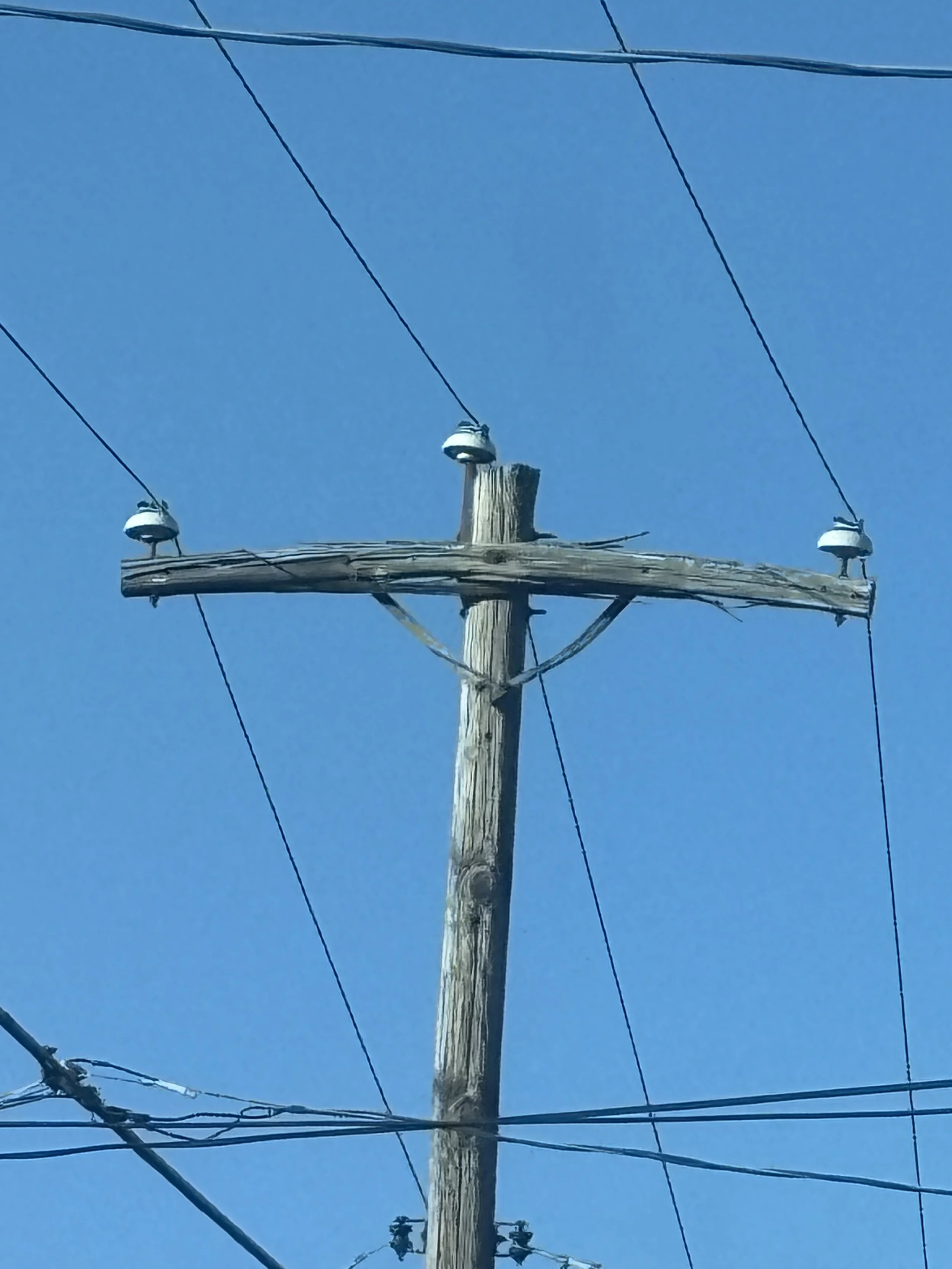 A wooden utility pole with power lines and insulators against a clear blue sky.