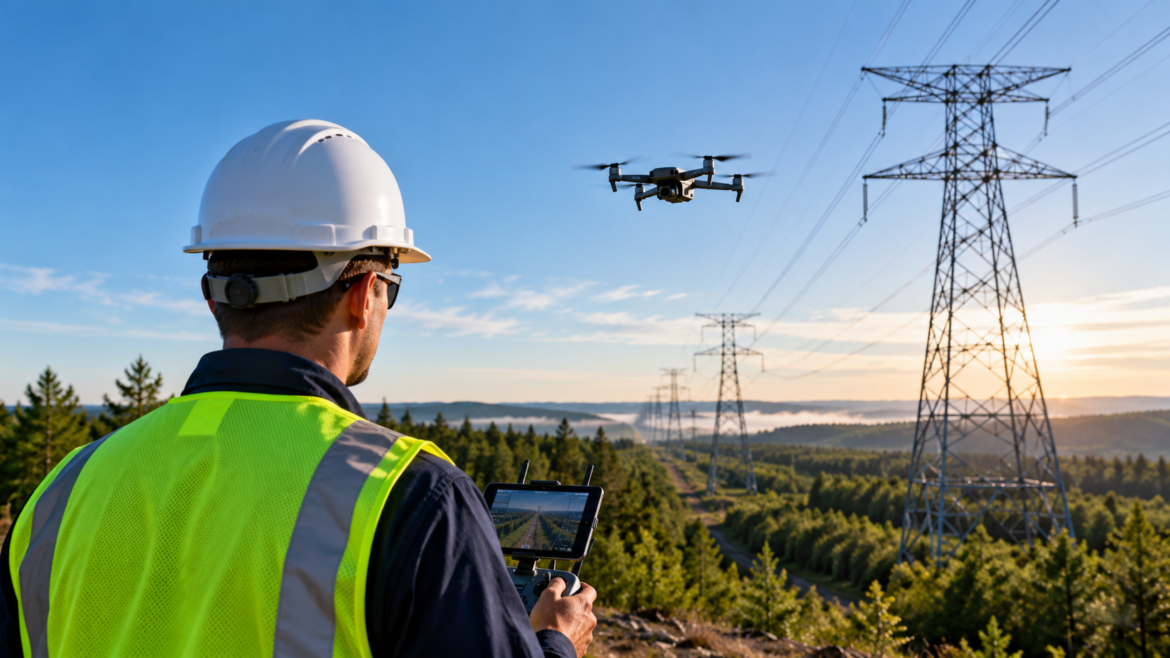 A utility worker in a white safety helmet and neon yellow safety vest is operating a drone with a remote control in a wooded area near power lines during sunset.