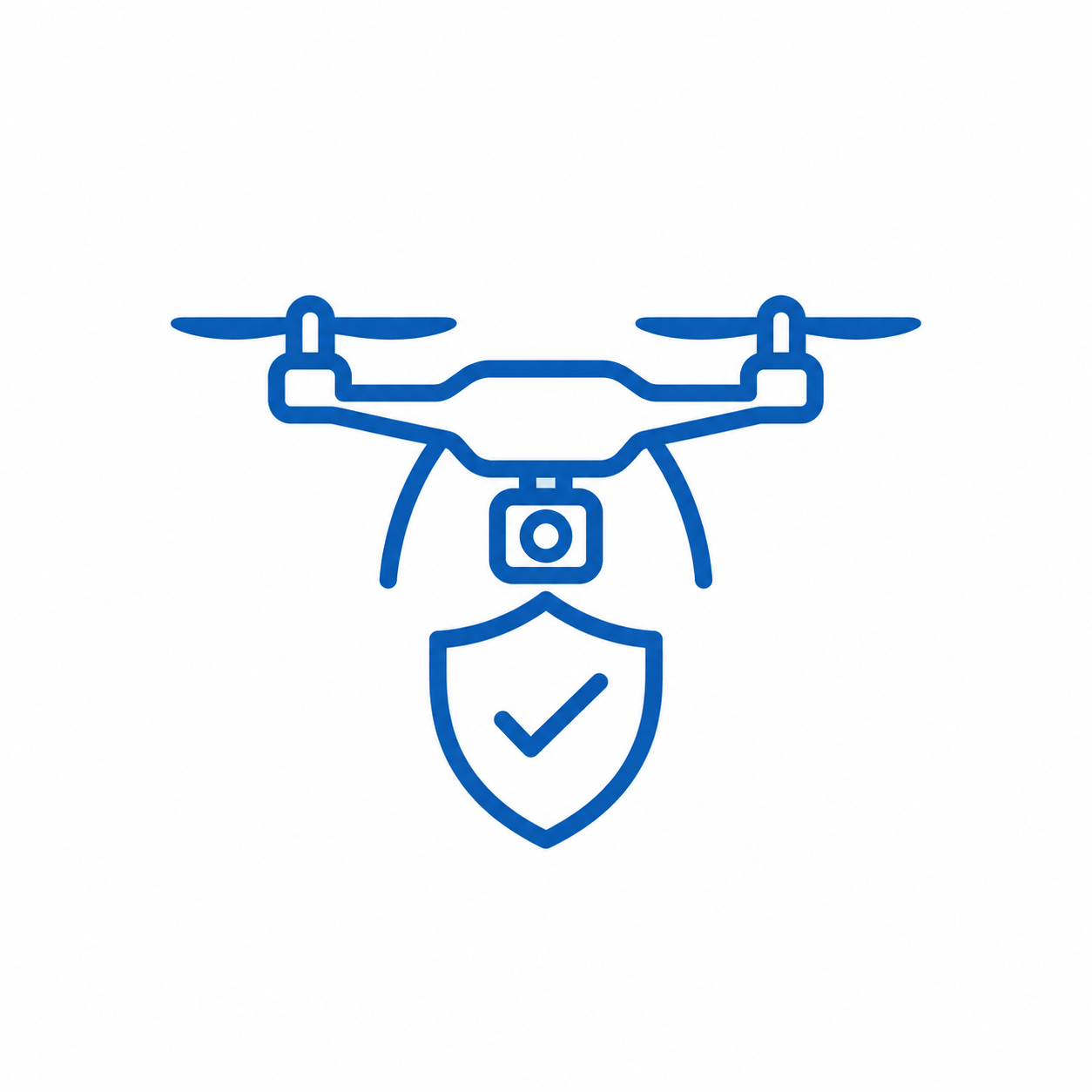 Outline of a drone with a shield and checkmark symbol, representing drone security or safety.
