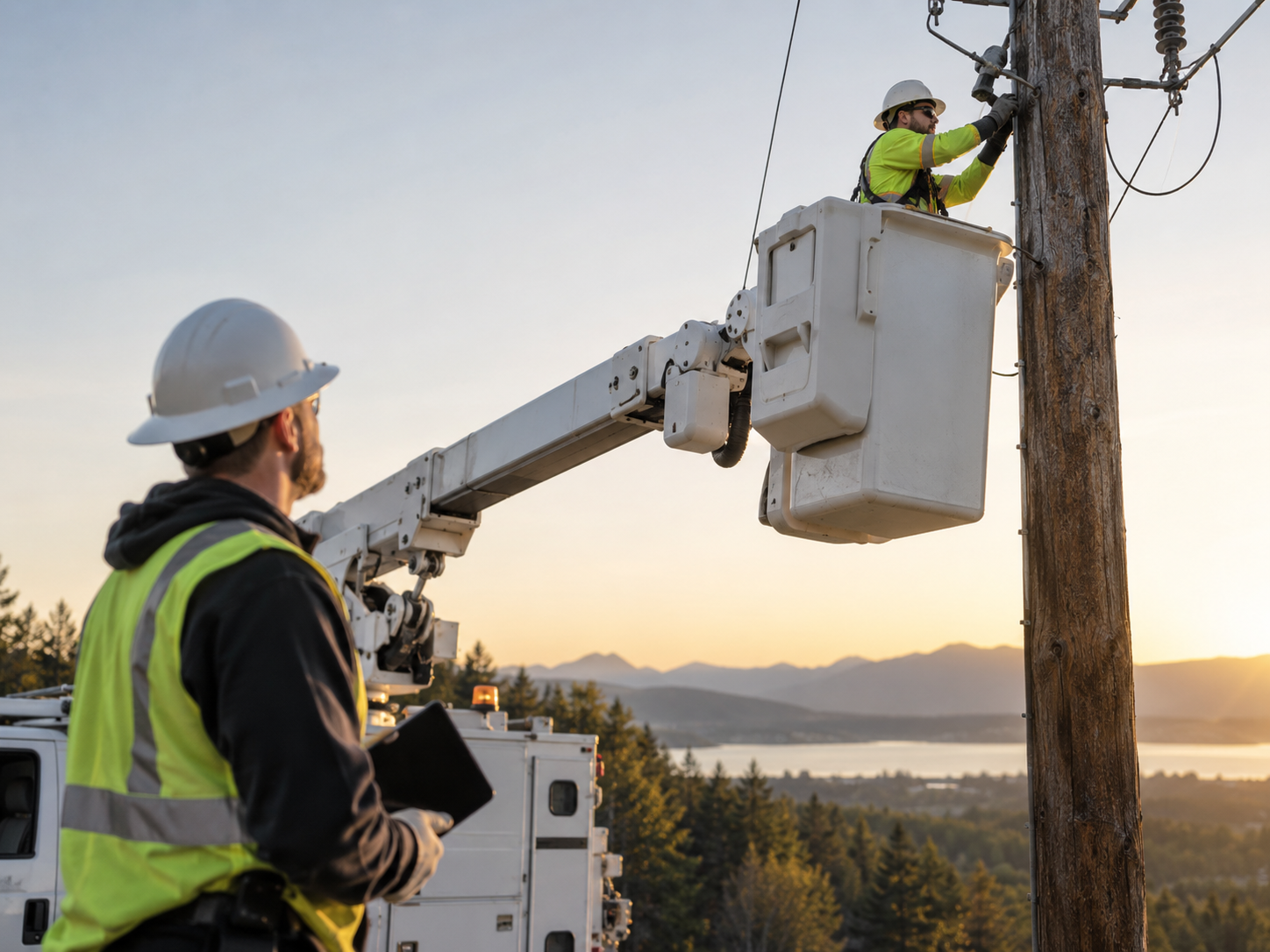 Two utility workers wearing safety gear working on power lines at sunset. One is elevated in a bucket truck, the other is on the ground with a clipboard.