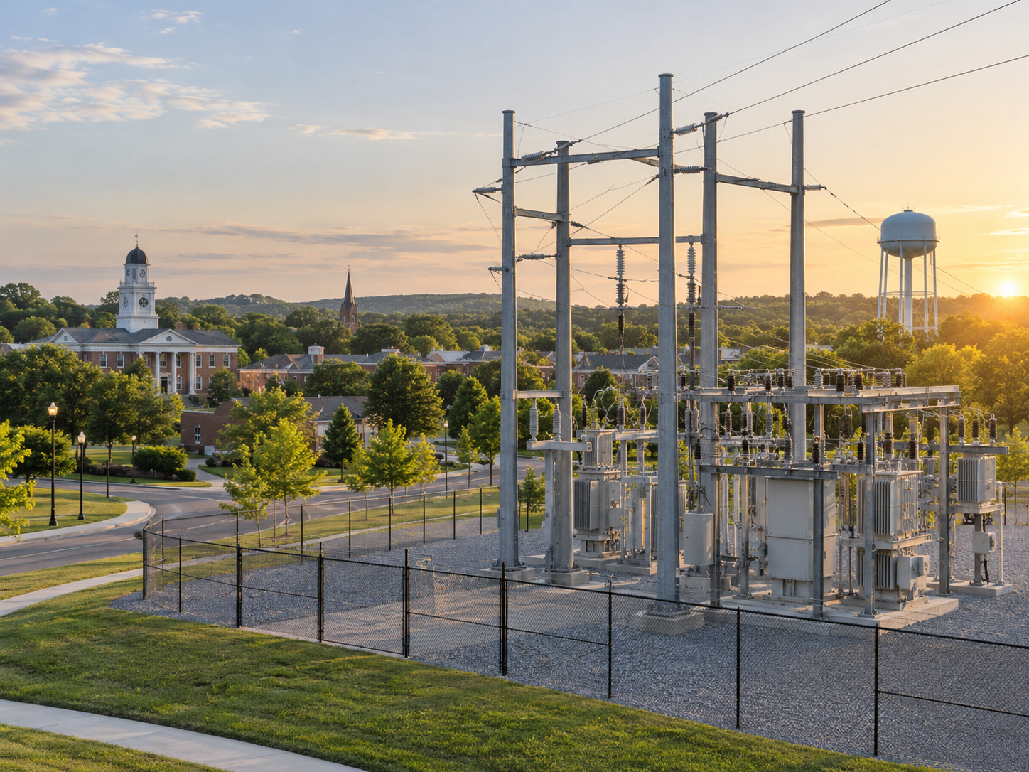 Electrical substation with transformers and power lines on a fenced gravel lot, with a small town and a water tower in the background during sunset.