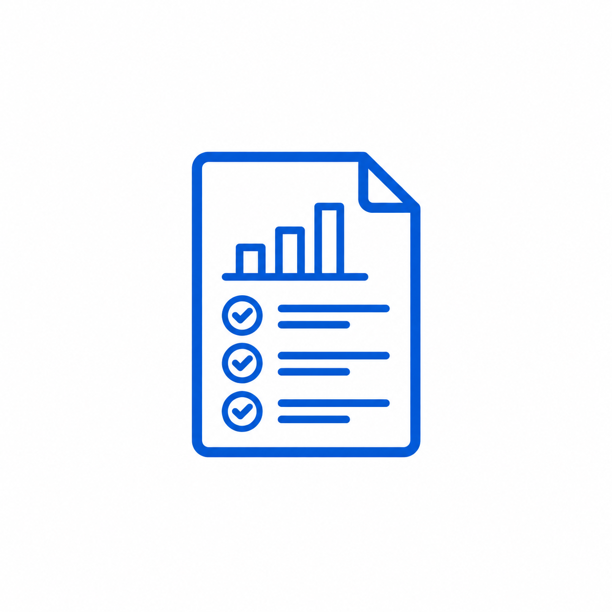 Blue icon of a report with bar chart at the top and three checkmarks with lines of text underneath