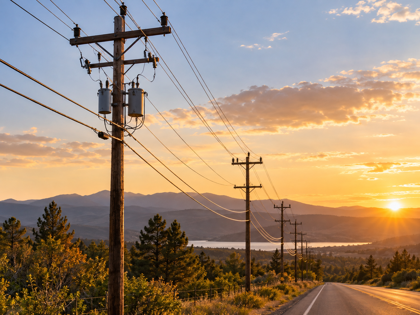 A scenic view of power lines along a rural road during sunset, with mountains, trees, and a lake in the distance under a partly cloudy sky.