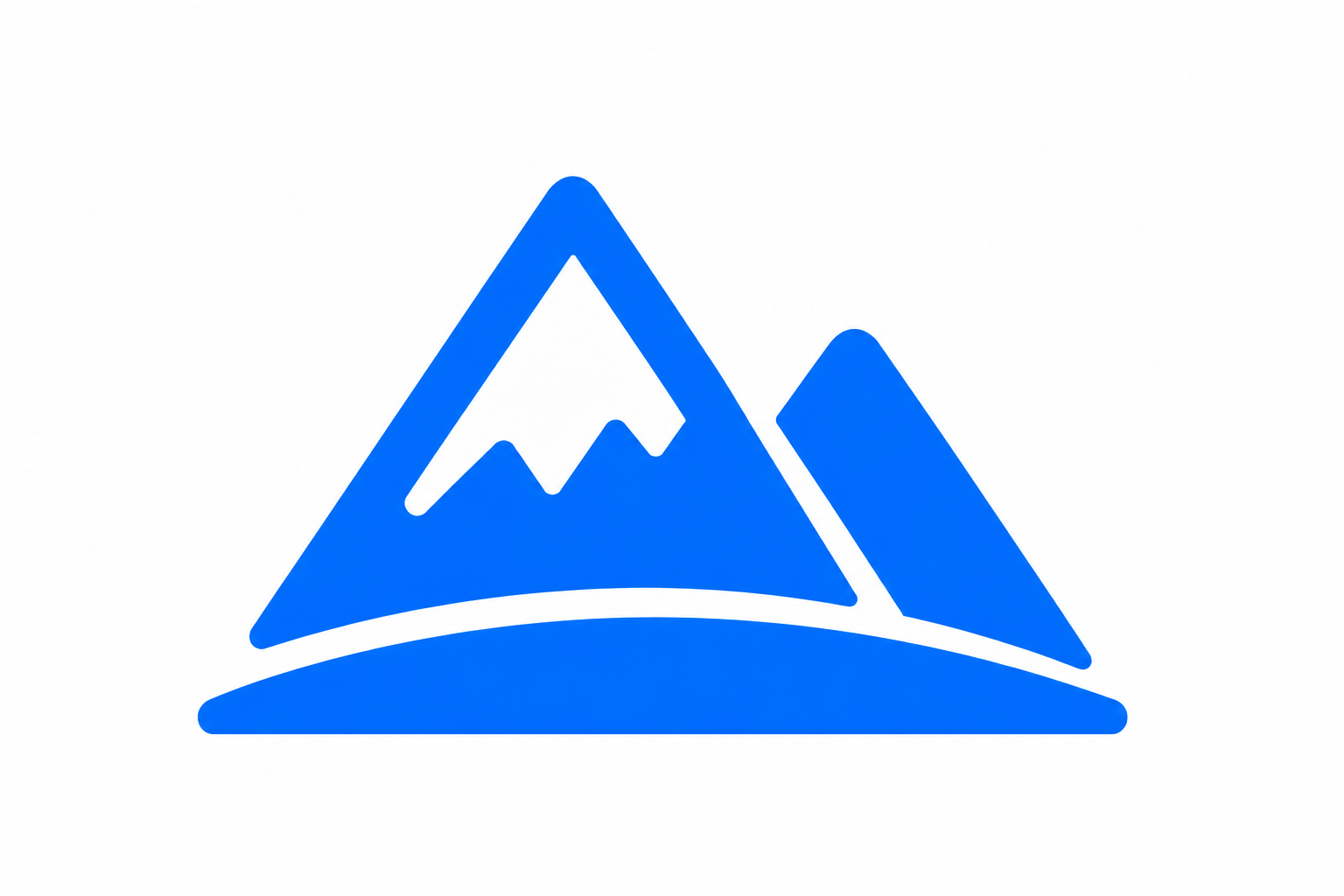 Stylized blue mountain range with snow caps and a curved ground line.