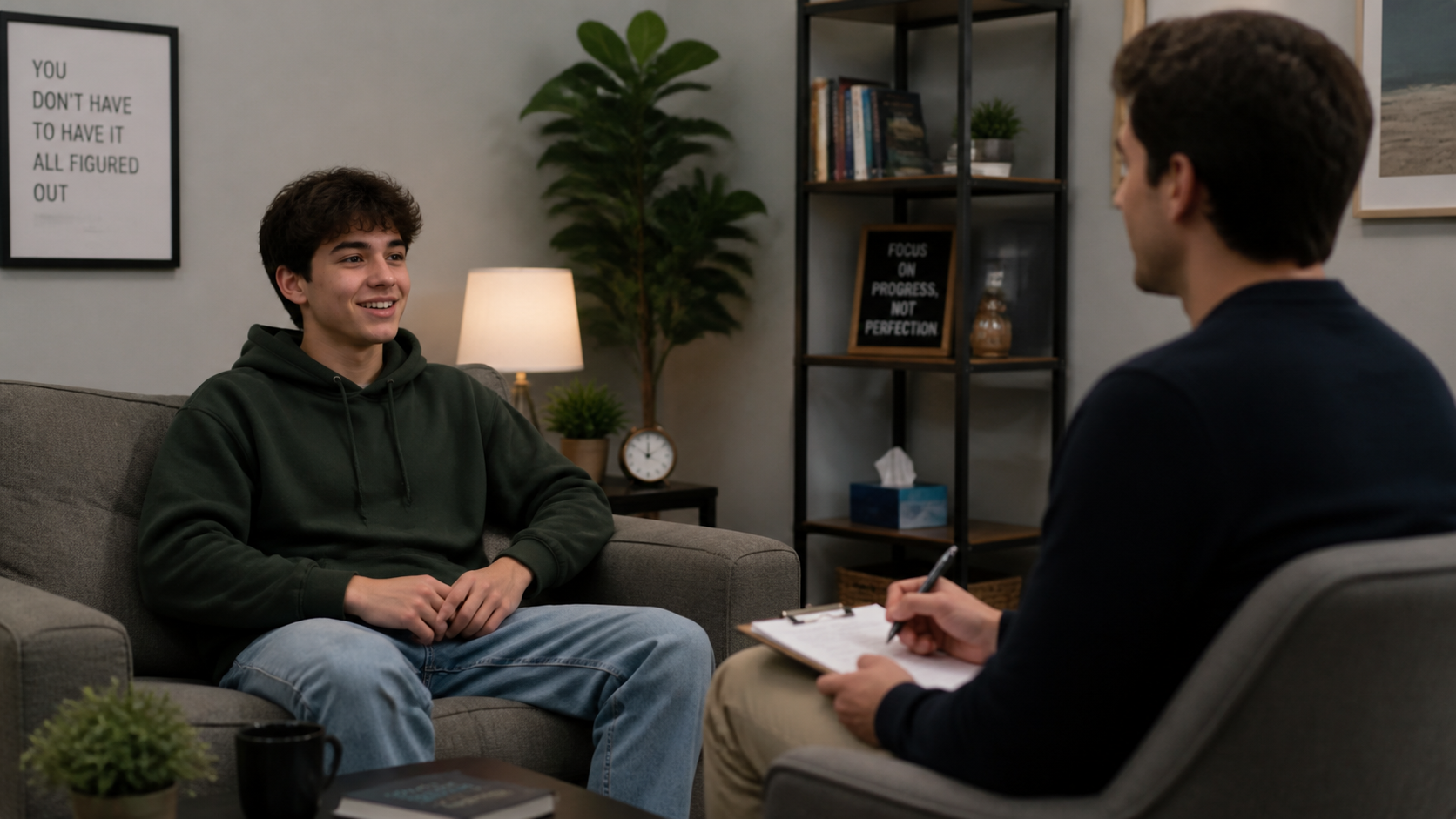 A young man in a green hoodie smiling during a therapy session with a therapist in a cozy, well-decorated office.