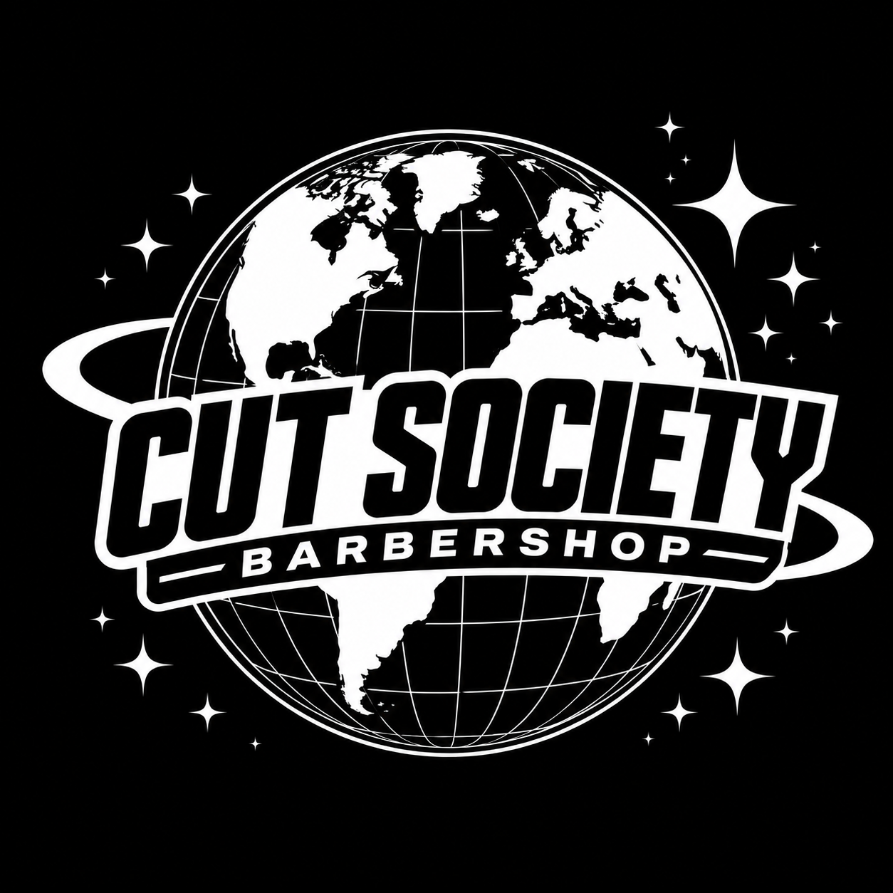 Black and white logo of a globe with the name 'CITI SOCIETY BARBERSHOP' across it, surrounded by stars.
