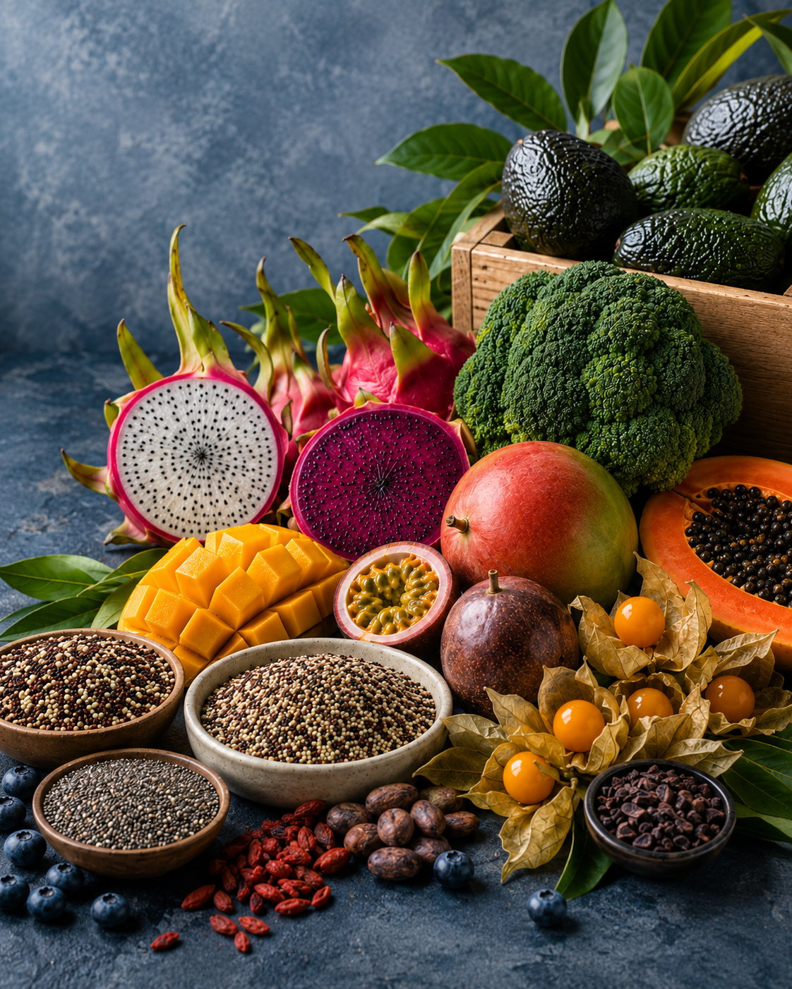 Assortment of premium fresh fruits and seeds, including dragon fruit, mango, pomegranate, avocado, broccoli, and berries, imported by EquaNorth for Canadian and North American markets.