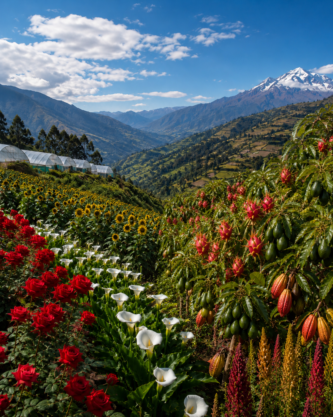 Scenic South American mountain farmland with terraced fields and greenhouses, source of the premium flowers and produce EquaNorth supplies to Canada and North America.