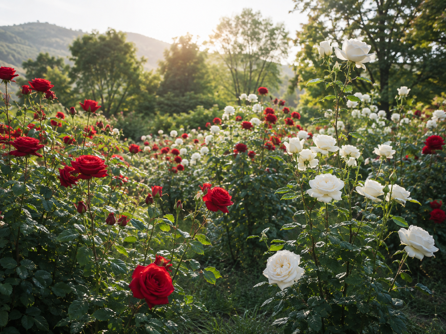Garden of premium red and white roses in full bloom, reflecting the high-quality flowers EquaNorth exports to Canada and North America.