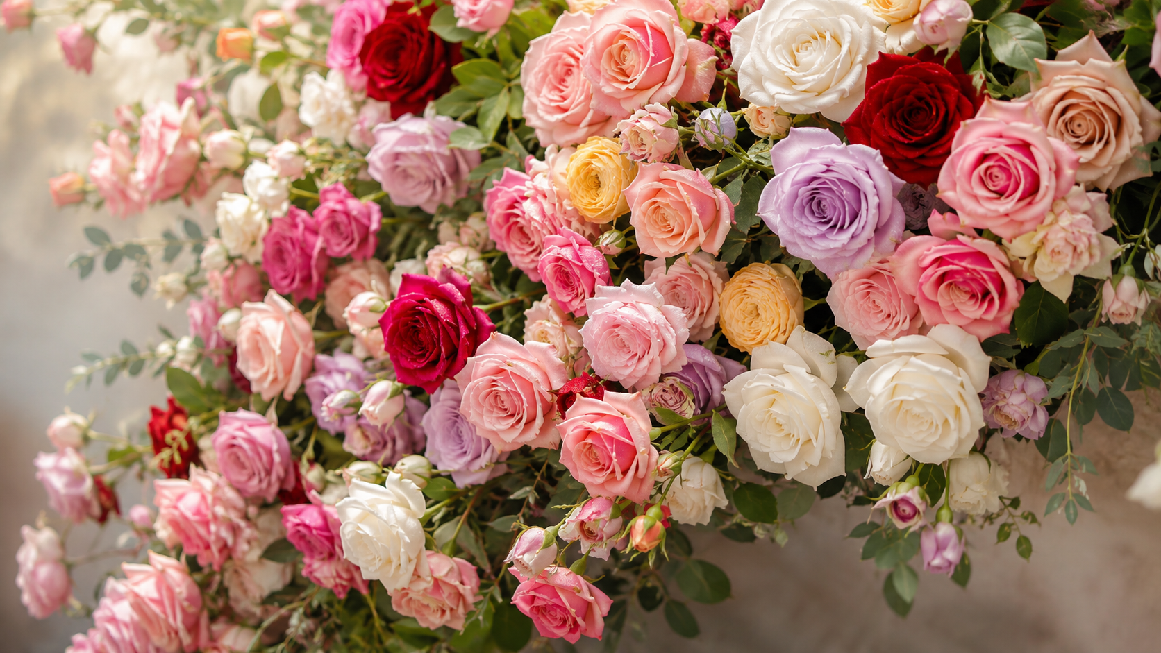 Bouquet of premium Ecuadorian roses in red, pink, lavender, peach and white, sold wholesale across Canada by EquaNorth