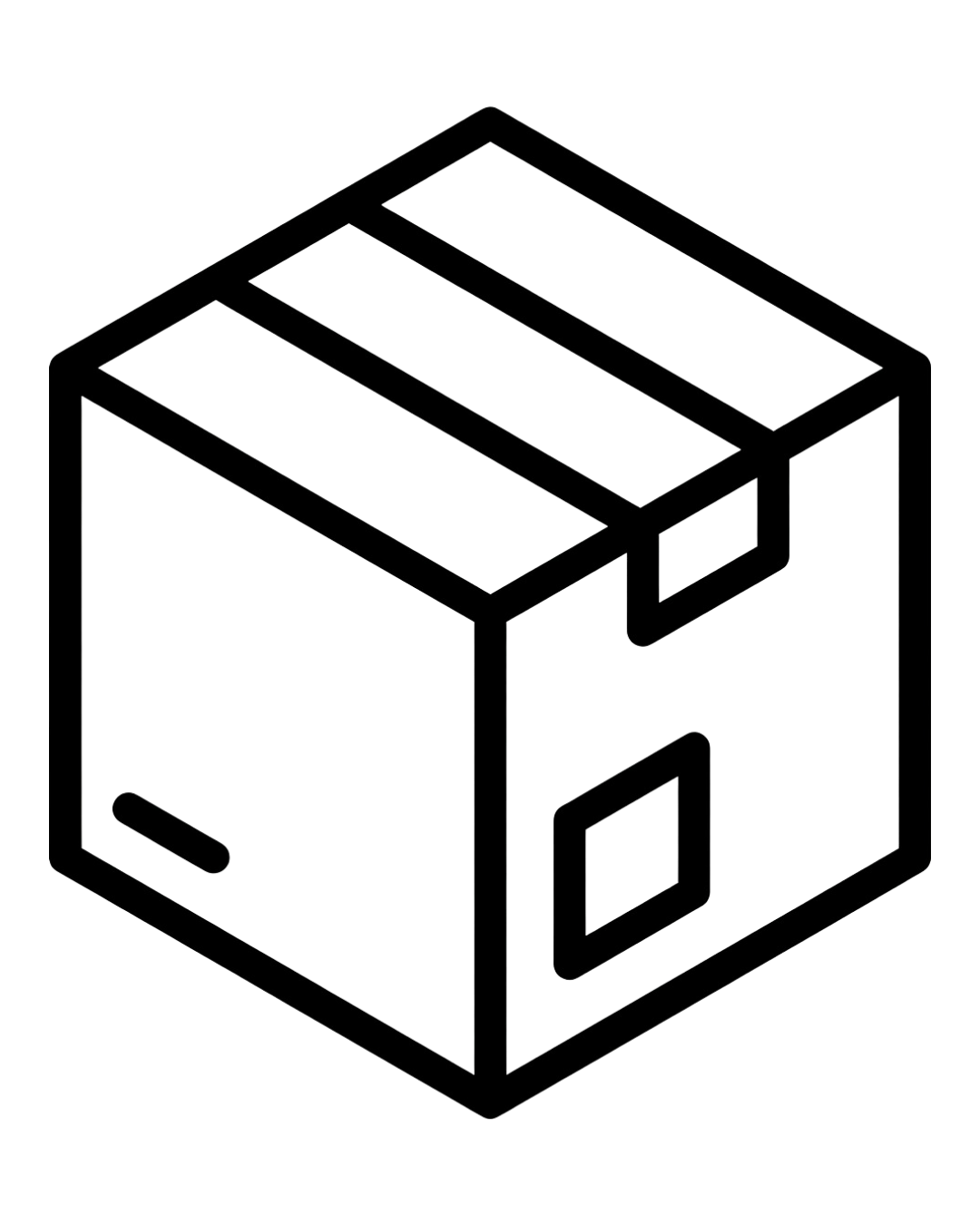 Outline drawing of a cube-shaped device, likely a printer or copier, with a display or control panel on the front and a paper tray on top.